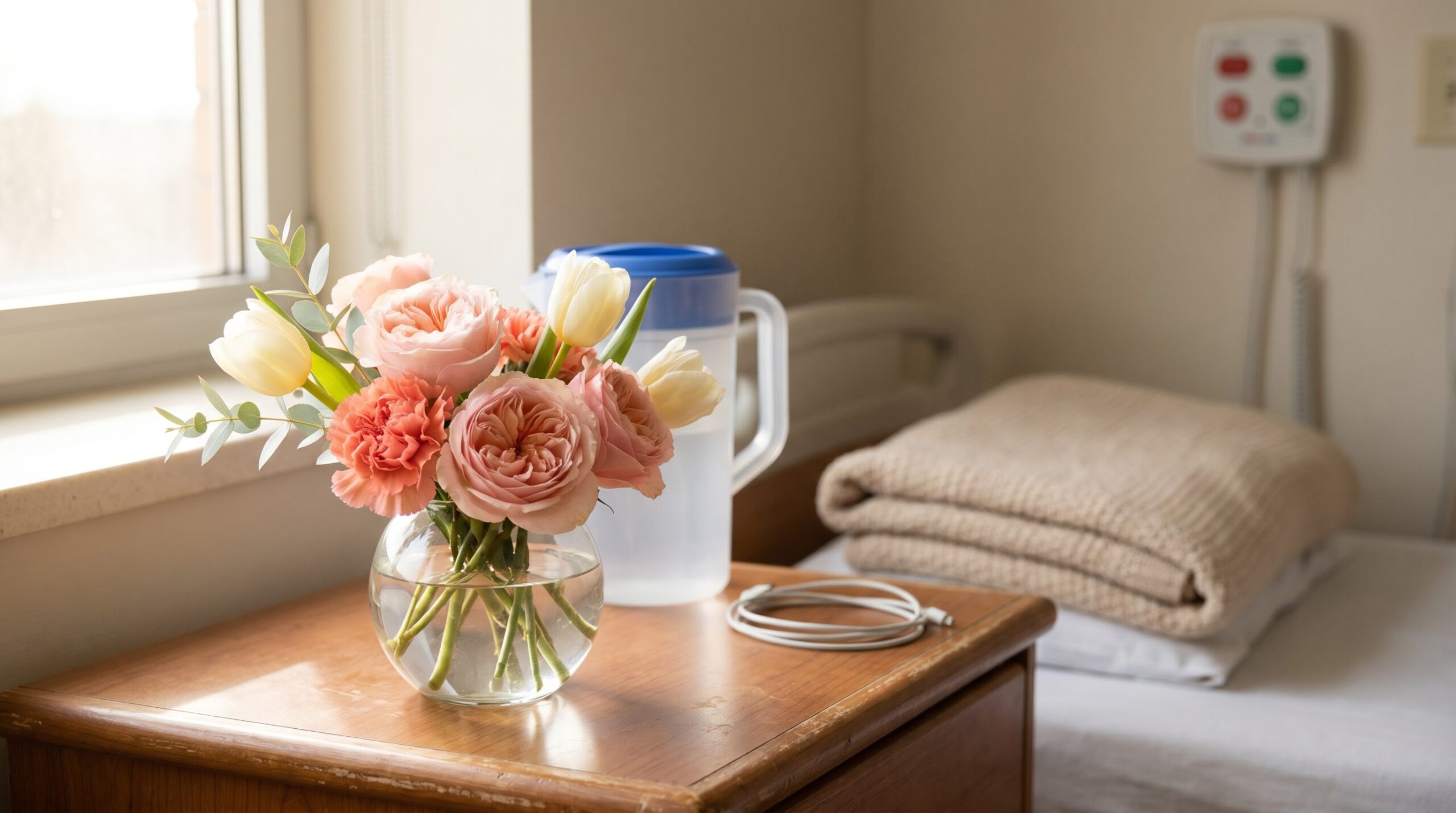 compact low scent bouquet finally allowed beside a regular hospital bed