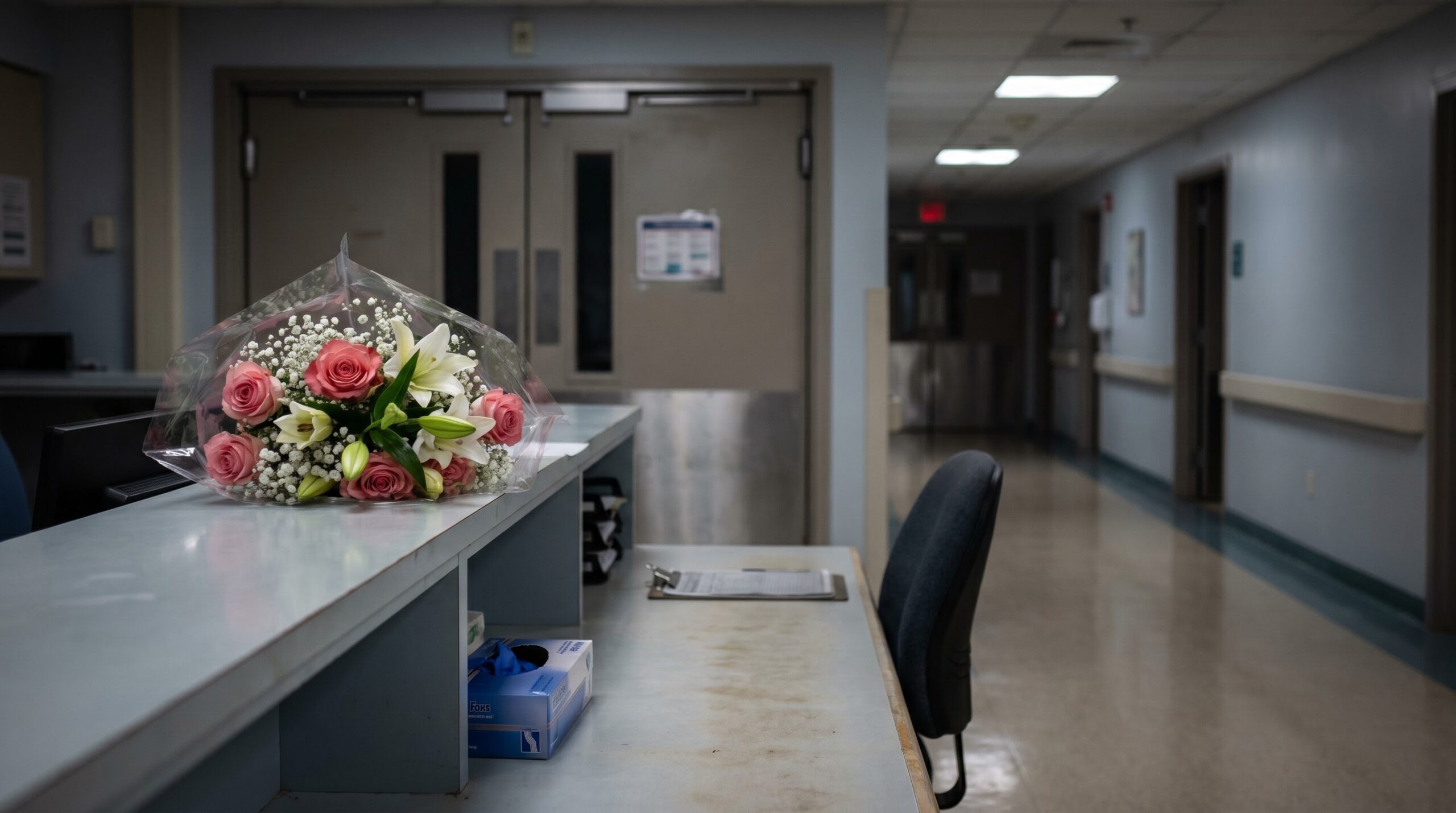 wrapped bouquet left waiting at a hospital nurses station outside closed ICU doors