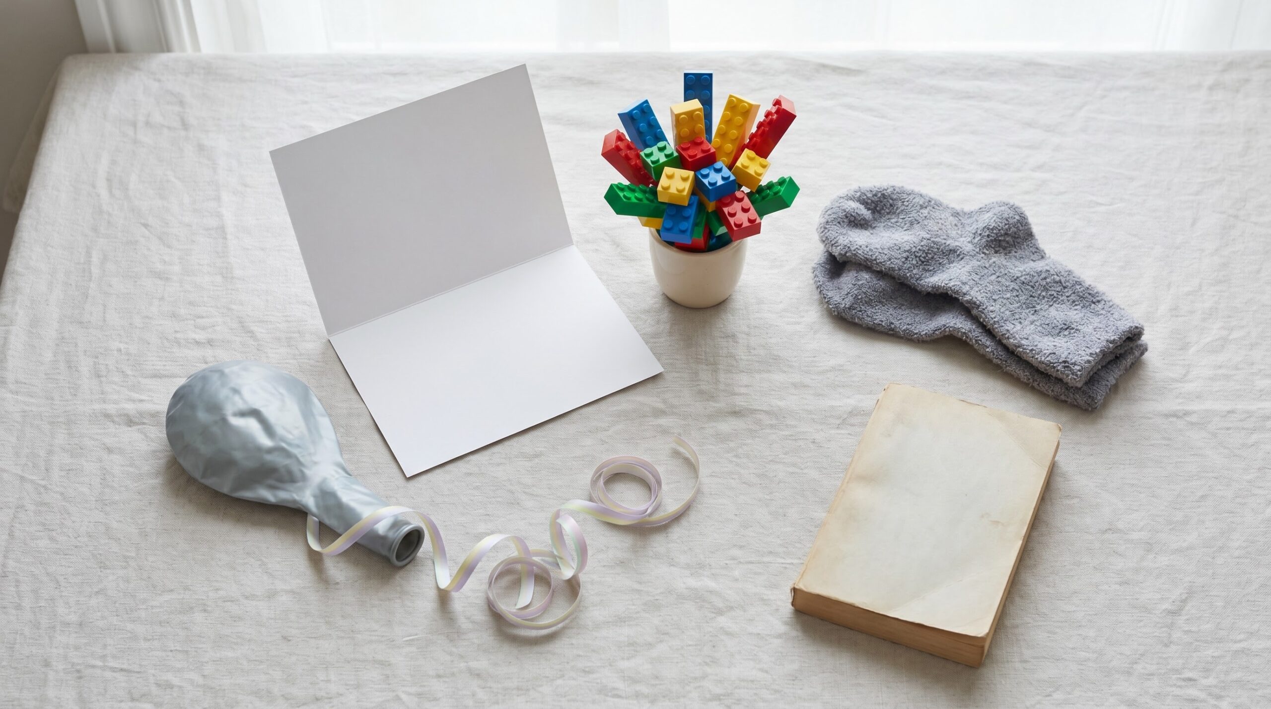 flat lay of card, foil balloon, toy brick bouquet, and socks for ICU