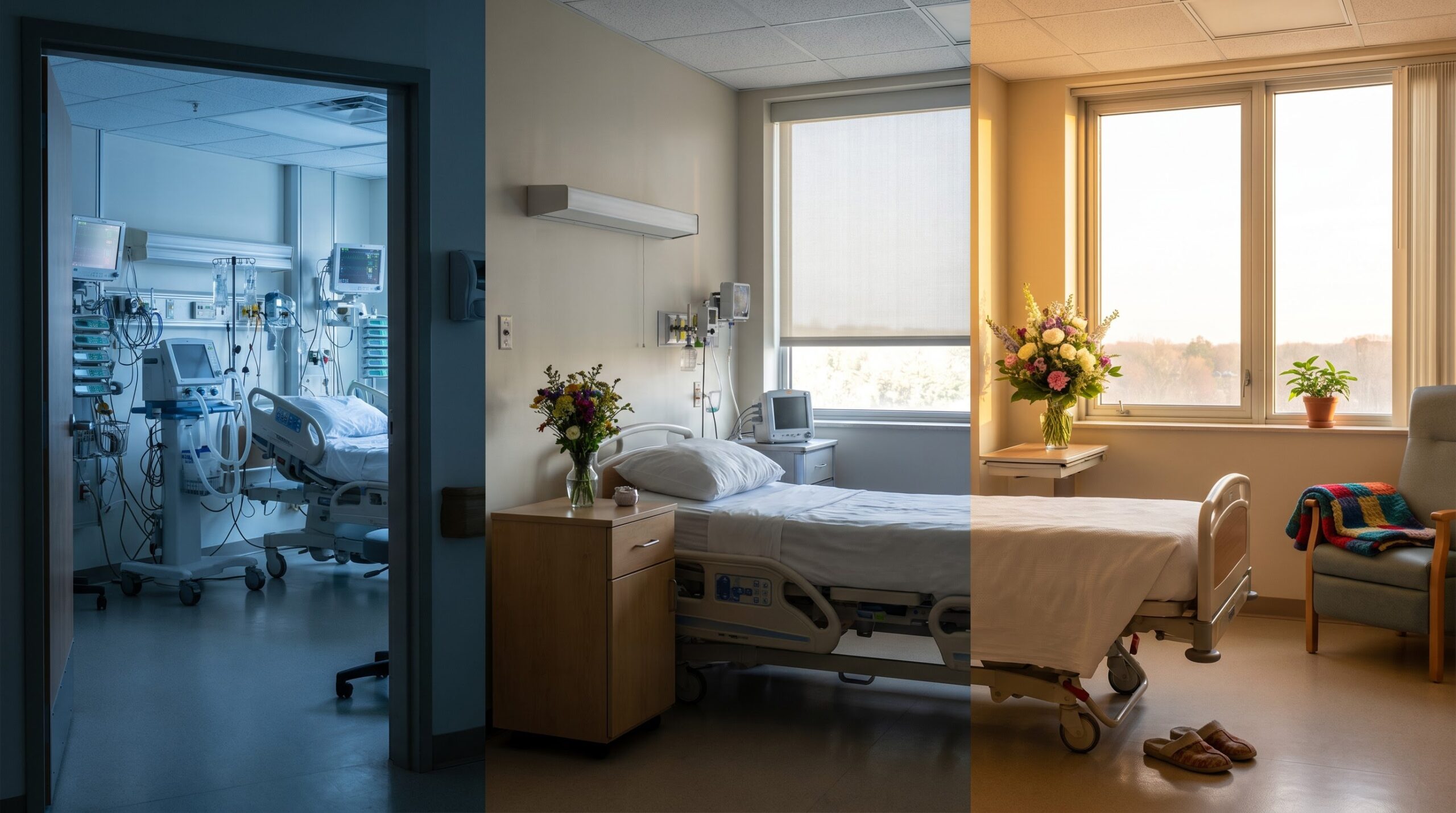hospital room light shifting from bare ICU to a room with flowers again