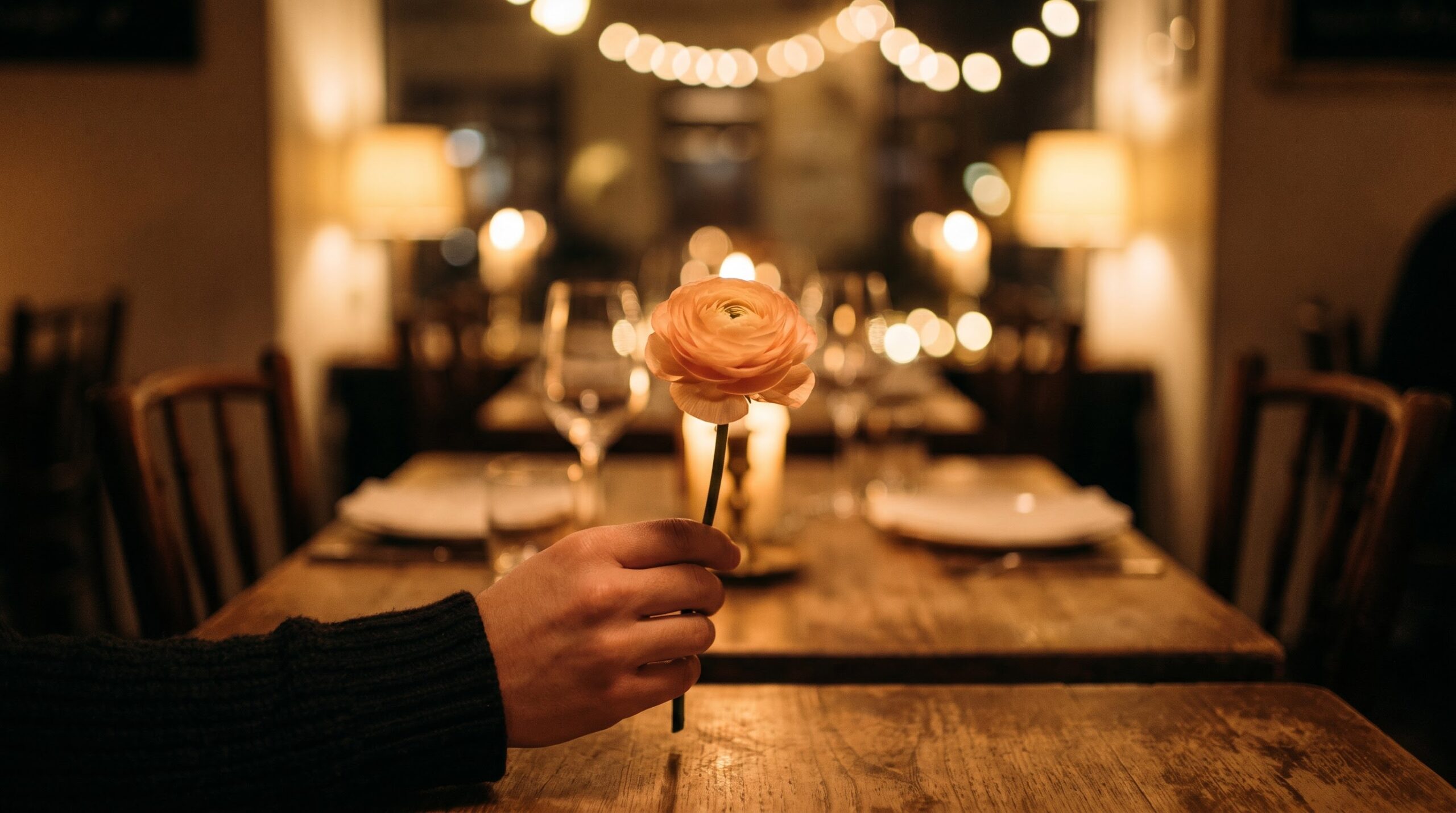 single flower resting on a restaurant table set for a first date