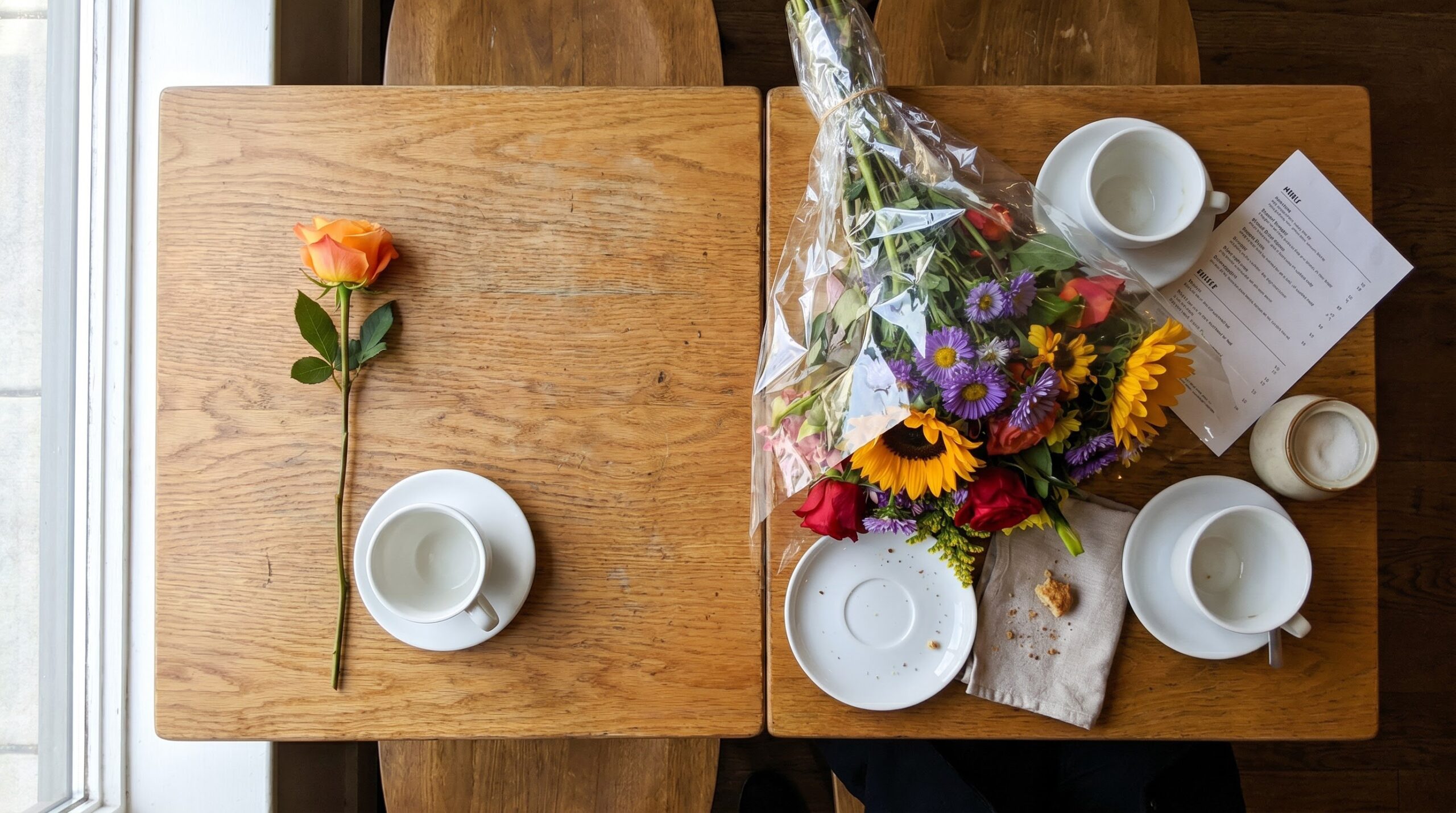 single flower beside coffee cups next to a crowded full bouquet