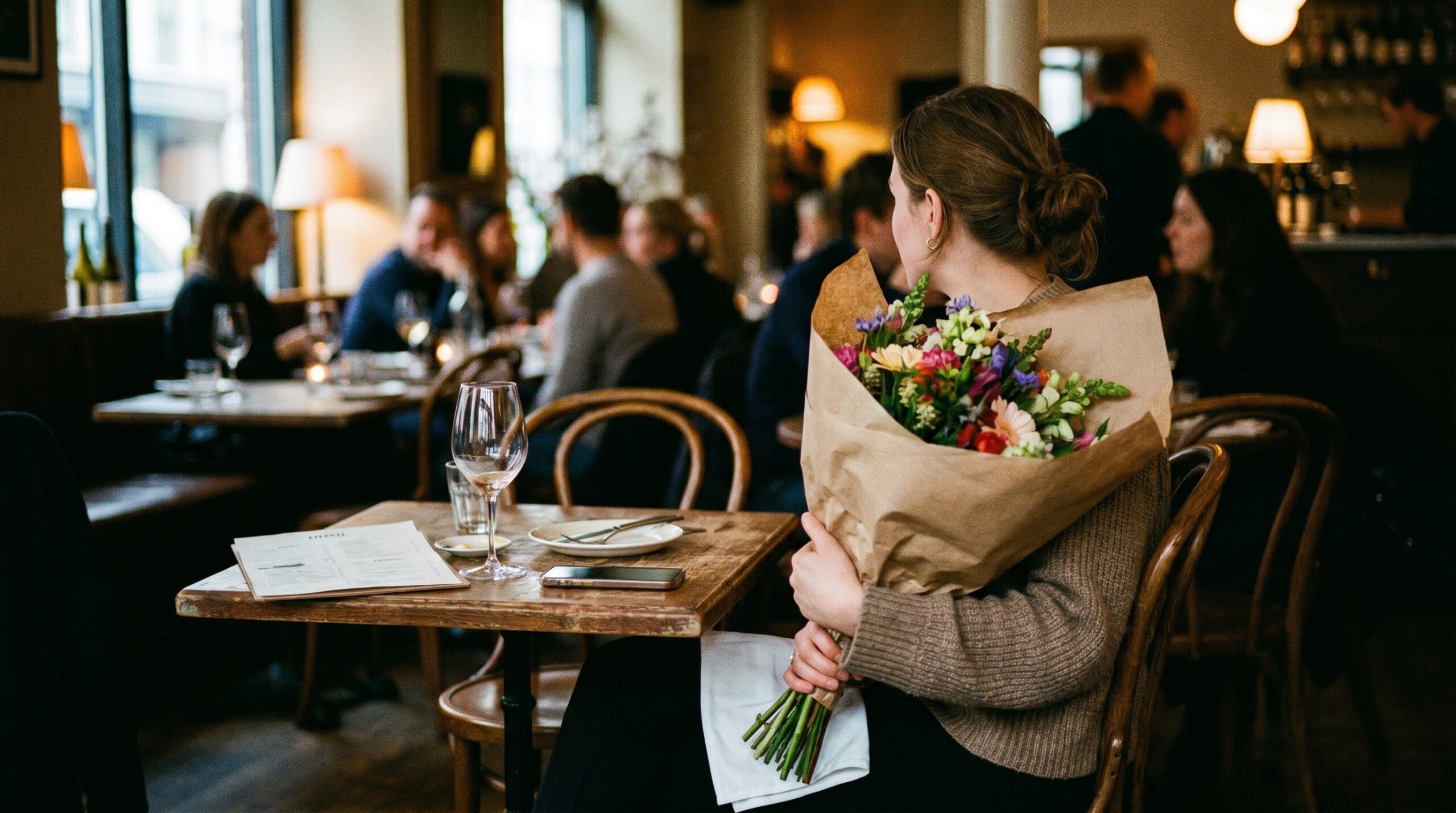 woman holding a large bouquet on her lap at a crowded date table