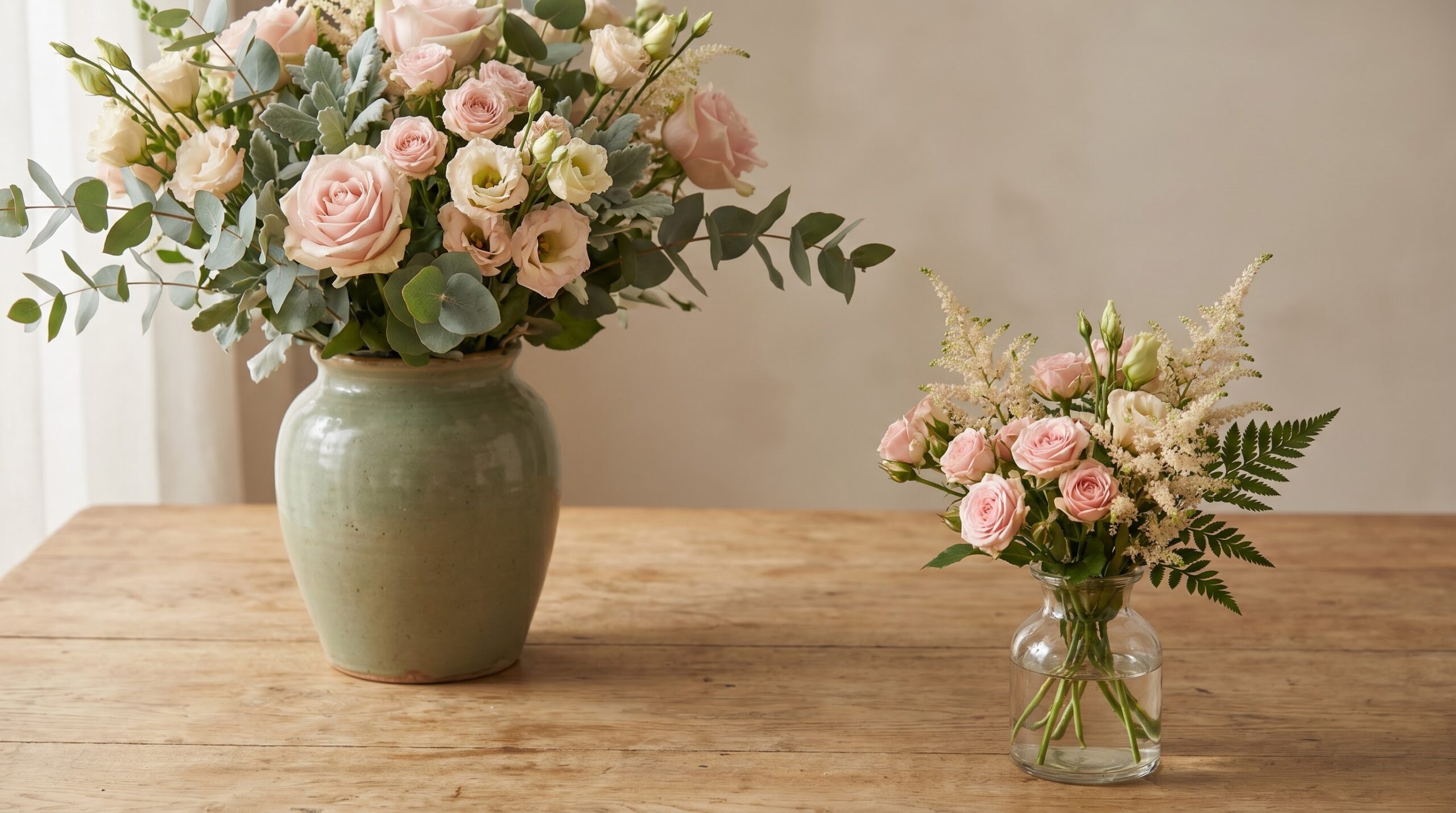 a larger station-sized bouquet beside a smaller vase-ready one