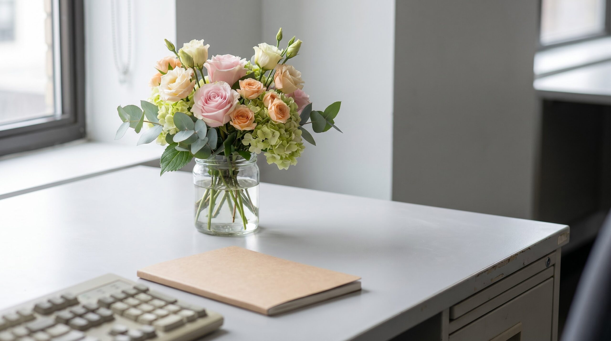 a small no-red desk arrangement in a plain glass jar