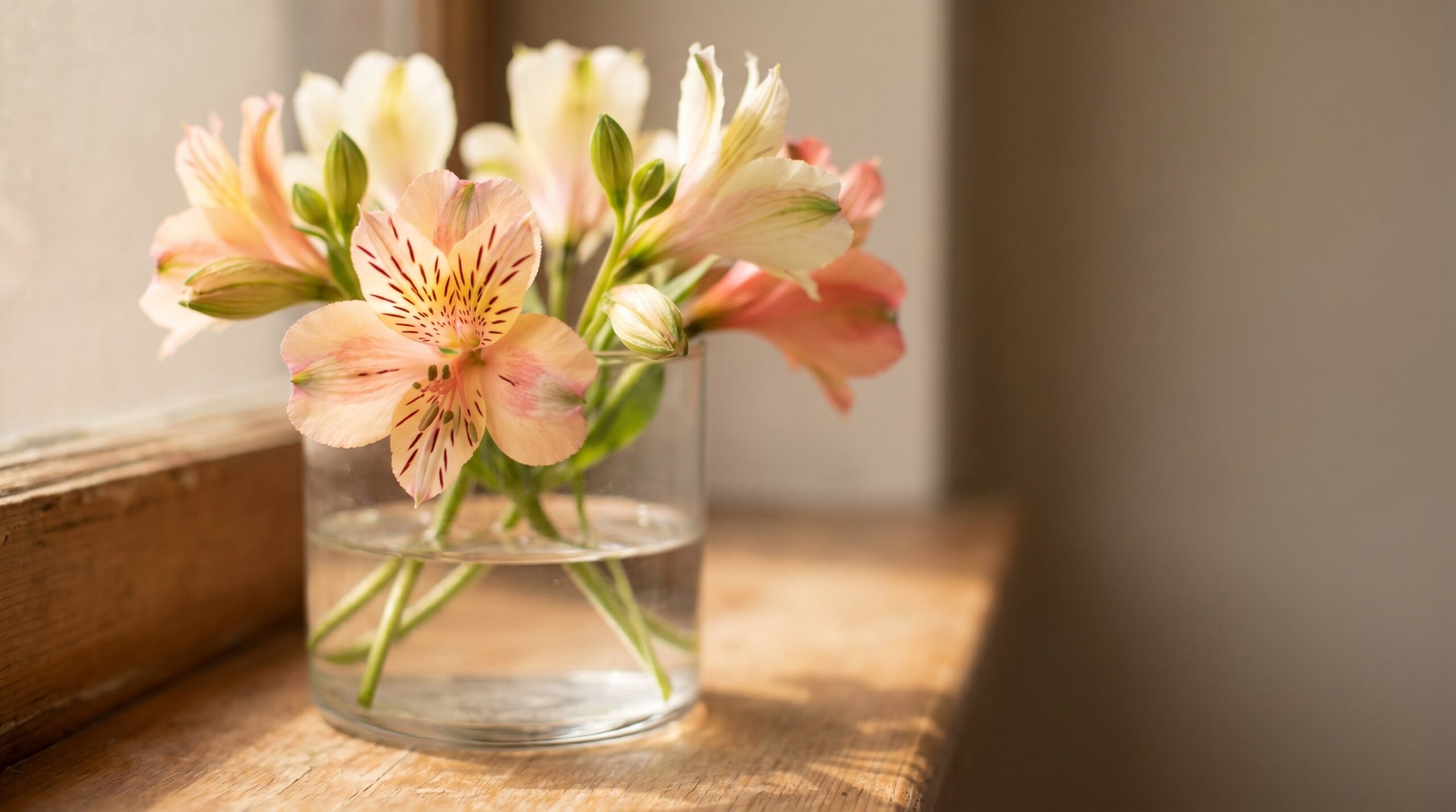 close-up of pink and cream alstroemeria blooms in a vase