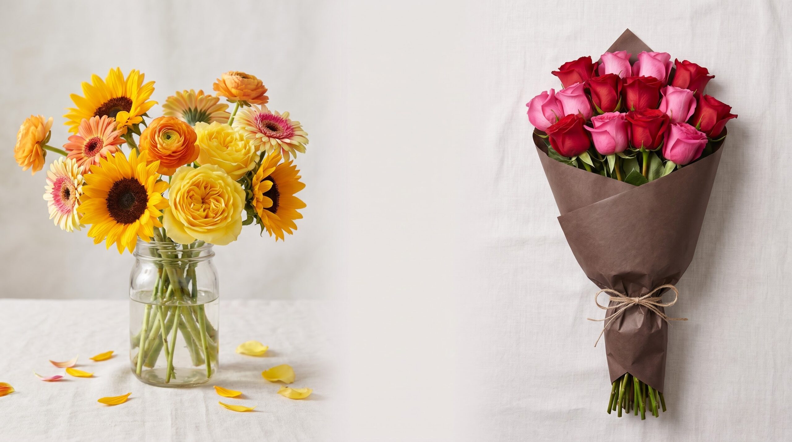 casual yellow flowers beside a formal red rose bouquet