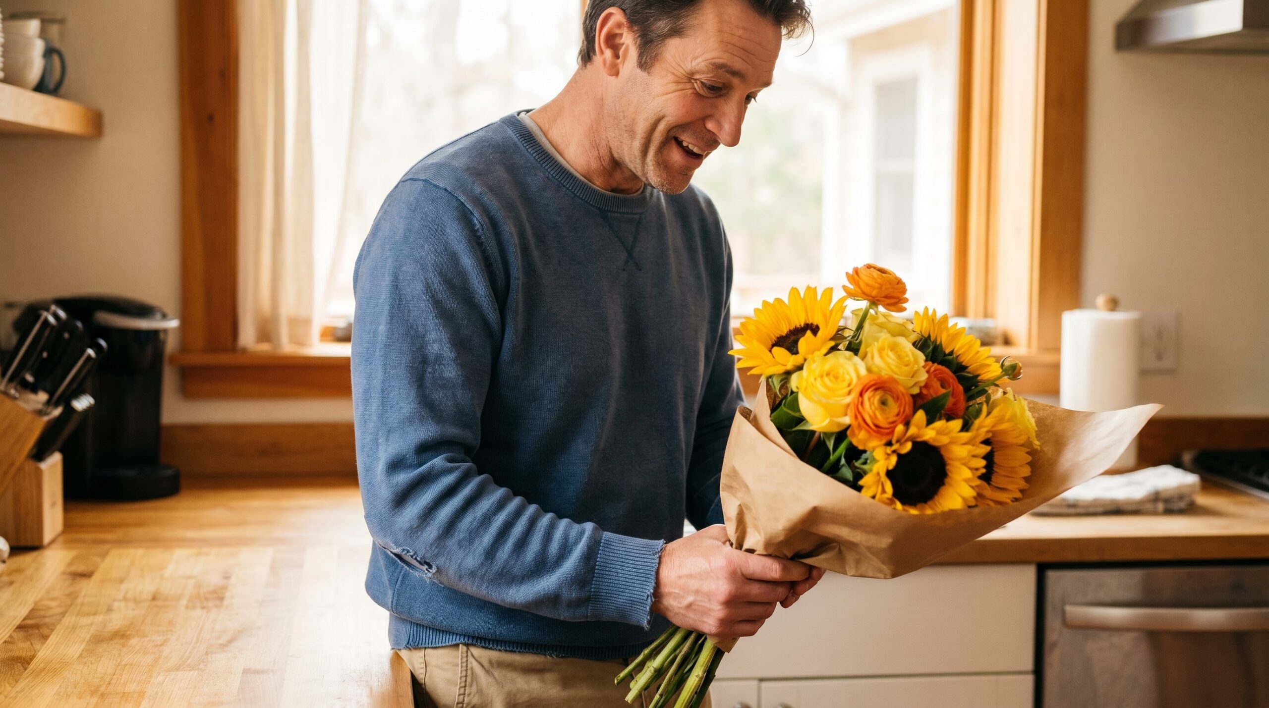 a man smiling while holding a bright yellow flower bouquet