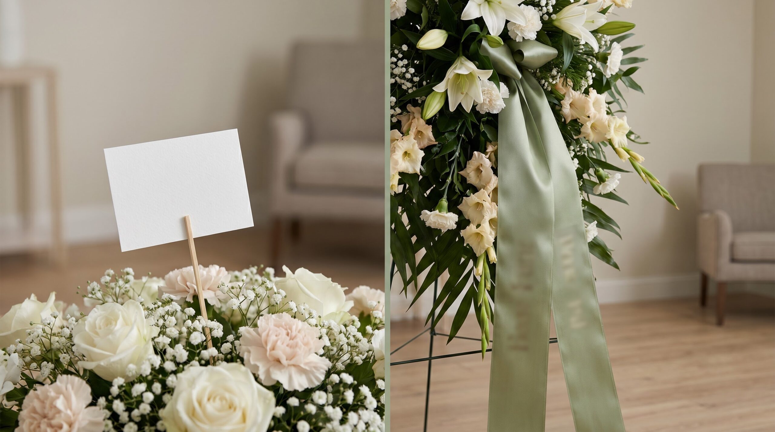 A small funeral card beside a wide ribbon sash, showing their size difference