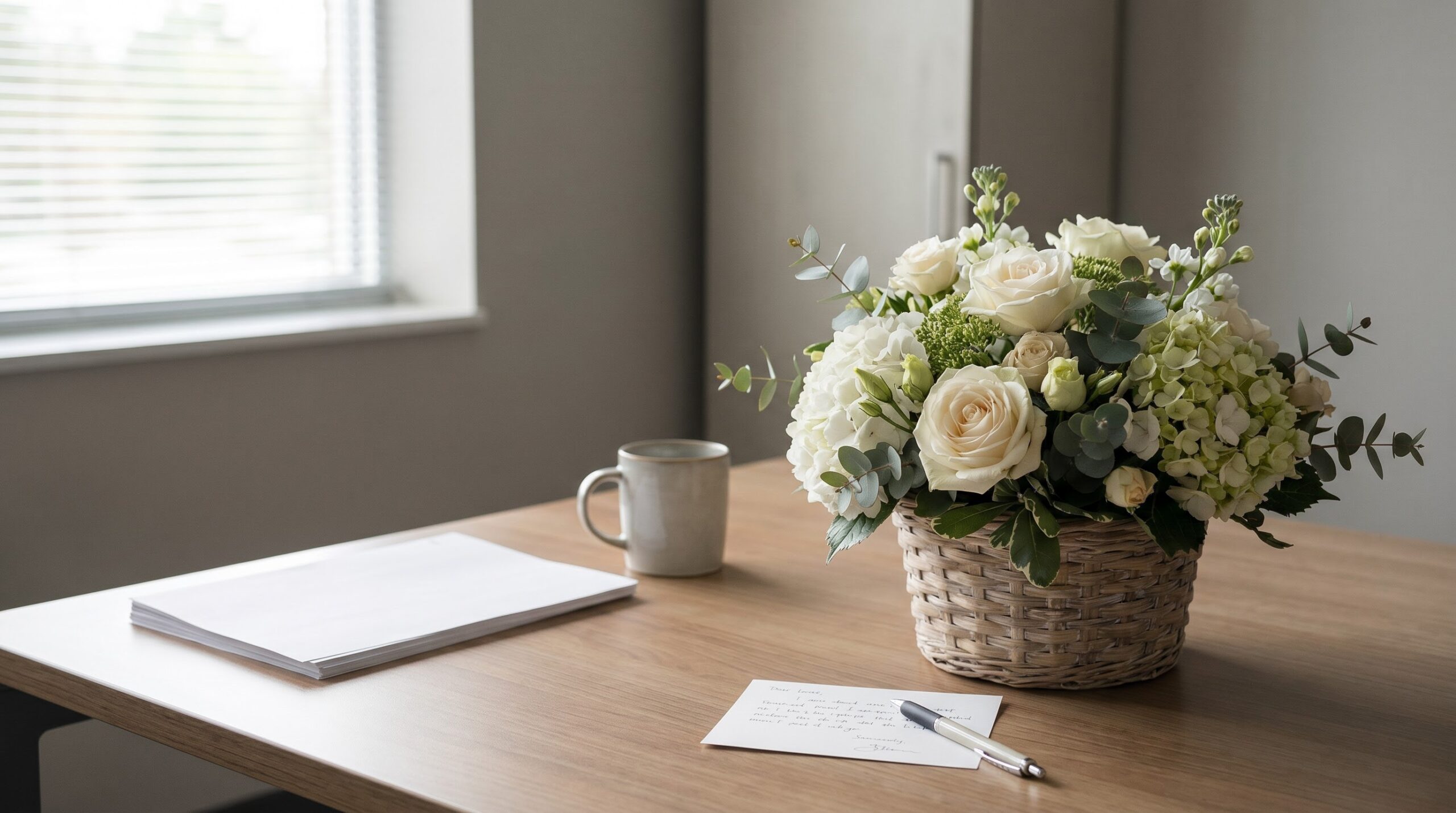 A modest group-gift flower arrangement and signed card in an office setting