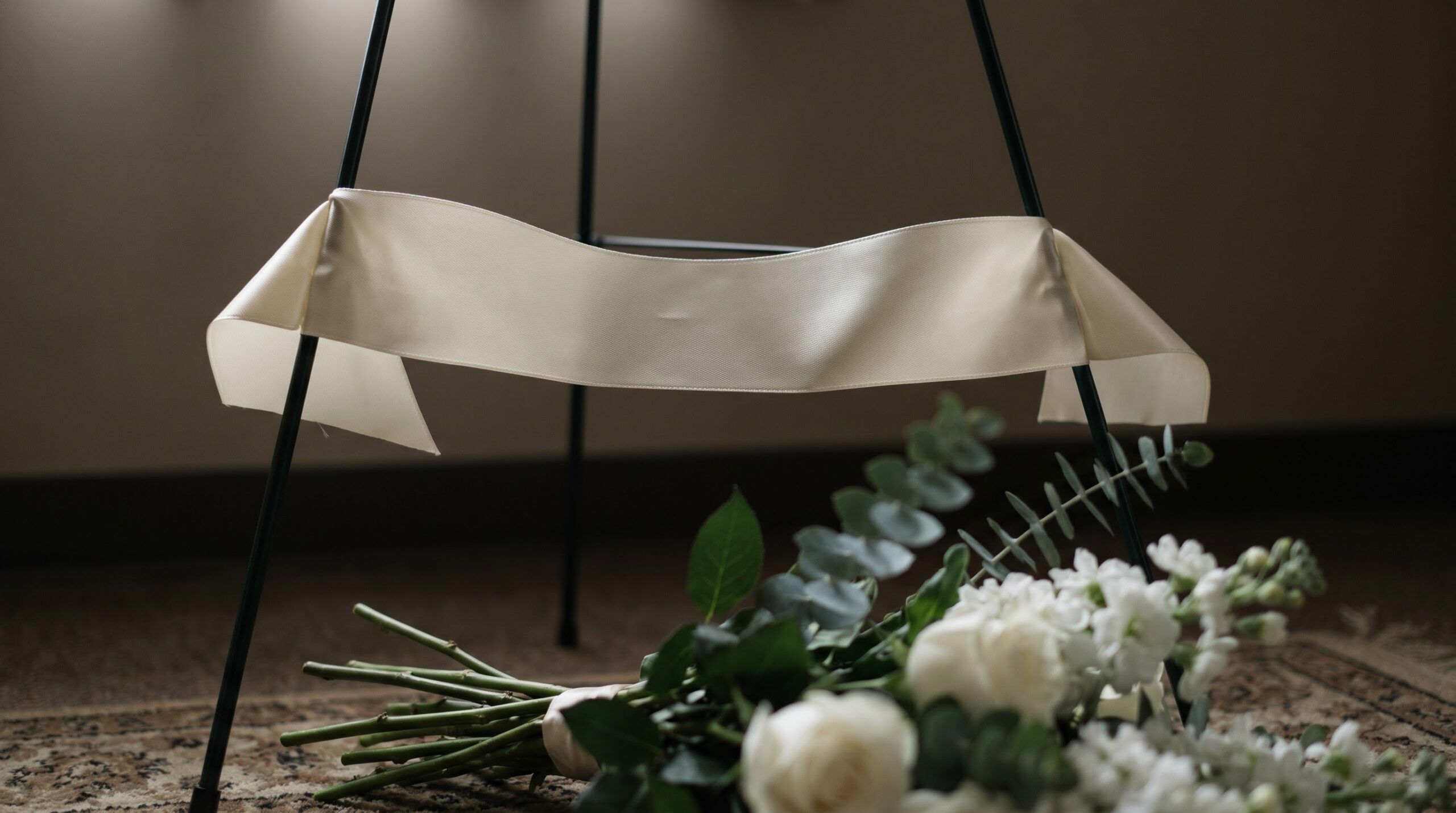 A blank banner sash draped across the base of a funeral standing spray