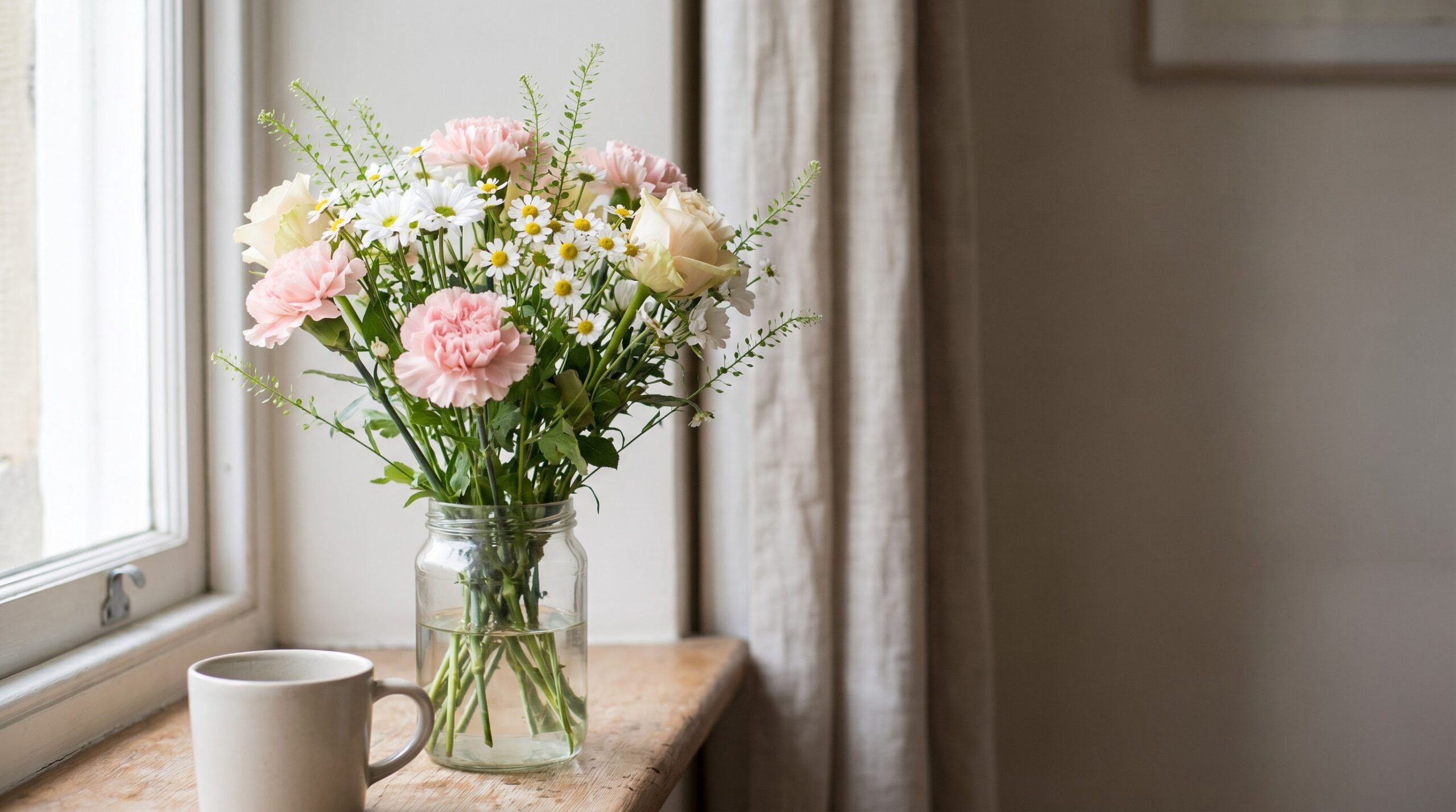 Simple grocery-store flowers hand-tied in a plain vase at home