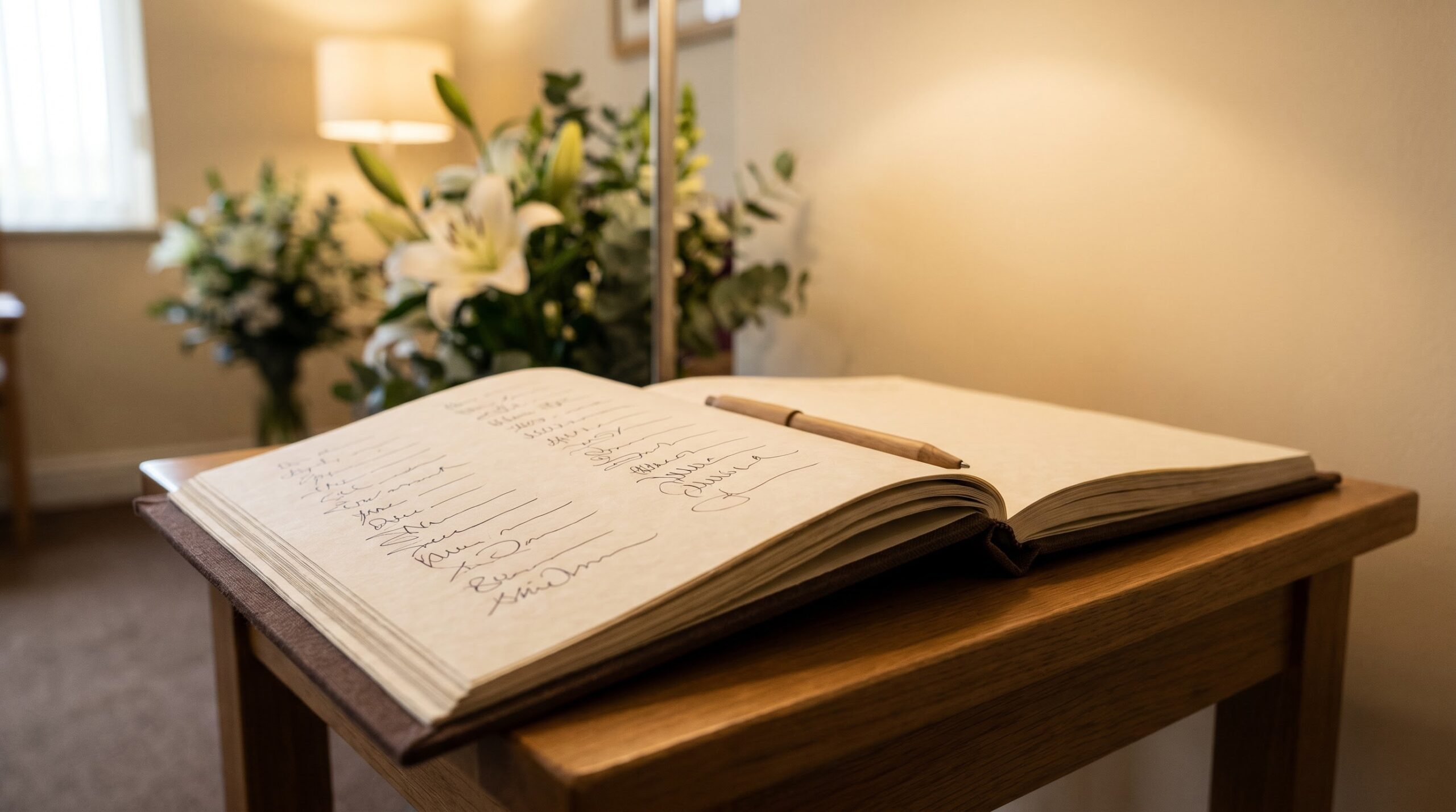 an open guest book with rows of signed names