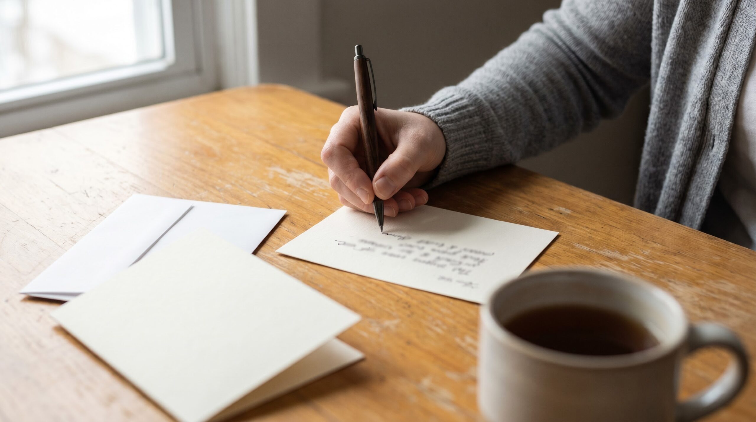 hand writing a short note at a sunlit wooden table