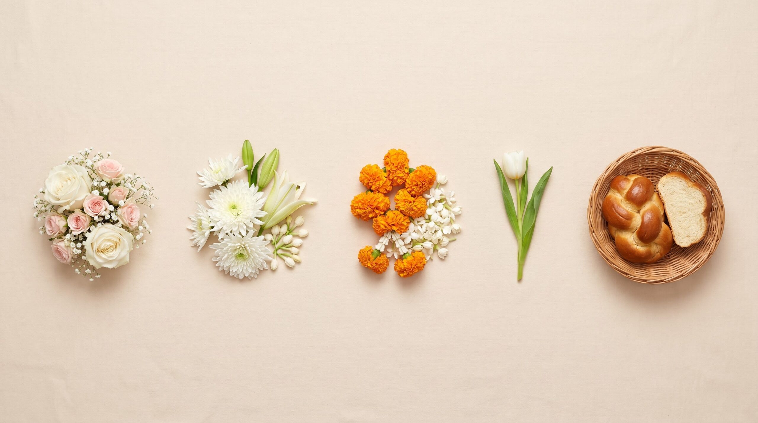 Five small floral groupings arranged side by side representing five faith traditions