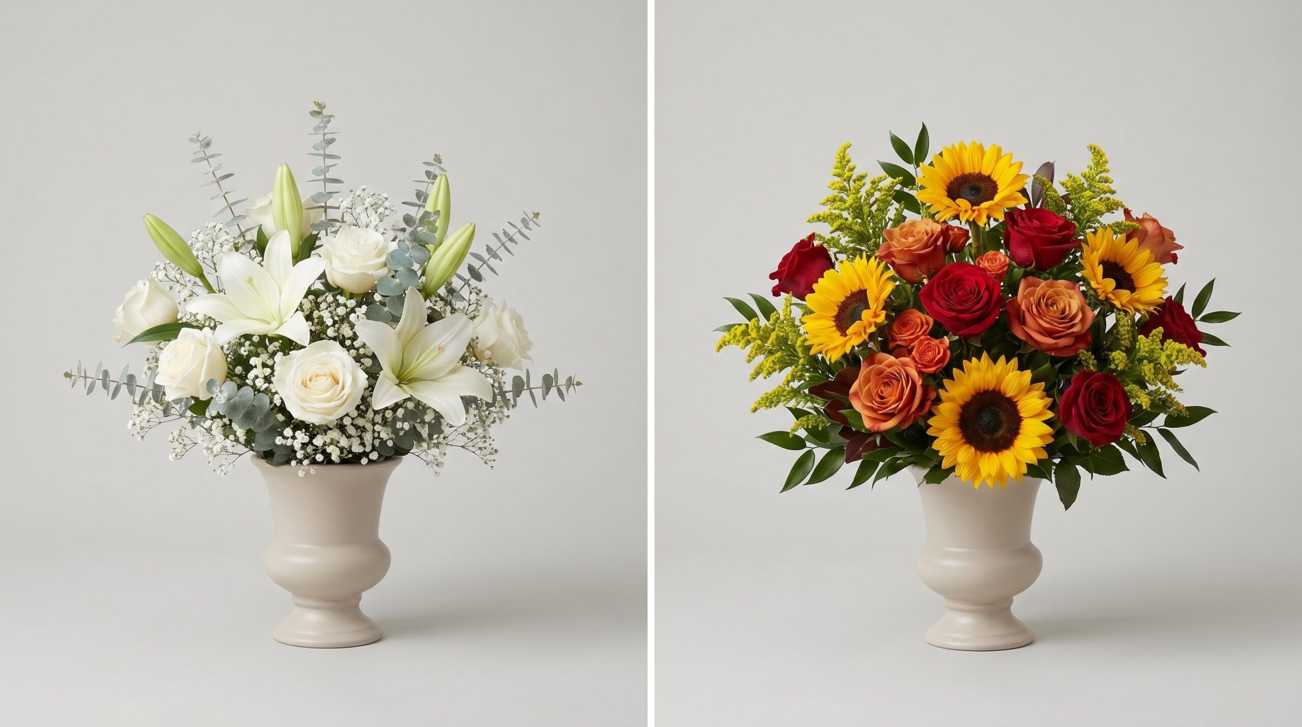 white traditional funeral arrangement beside a bright celebration of life bouquet