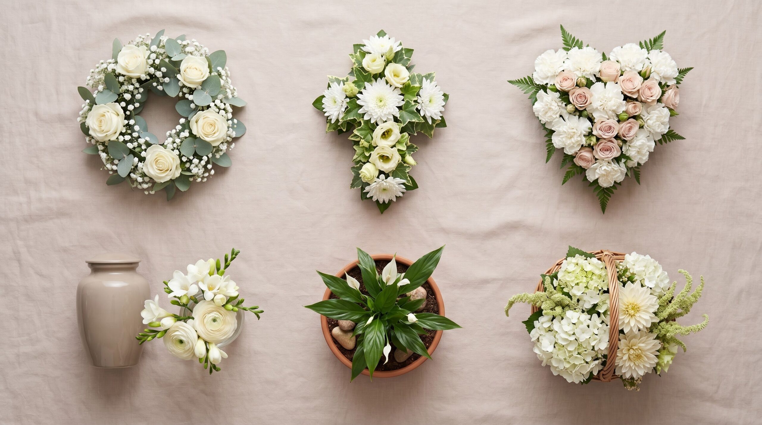 wreath, cross, heart, basket, dish garden, and urn piece laid out together