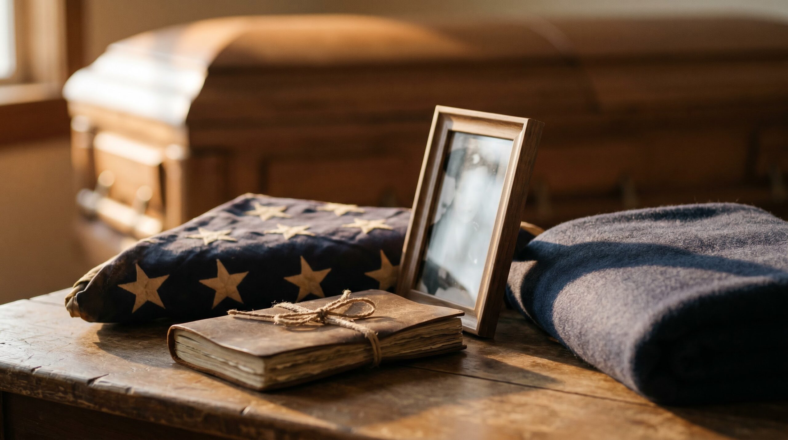 folded flag, framed photo, and letter placed on a casket instead of flowers