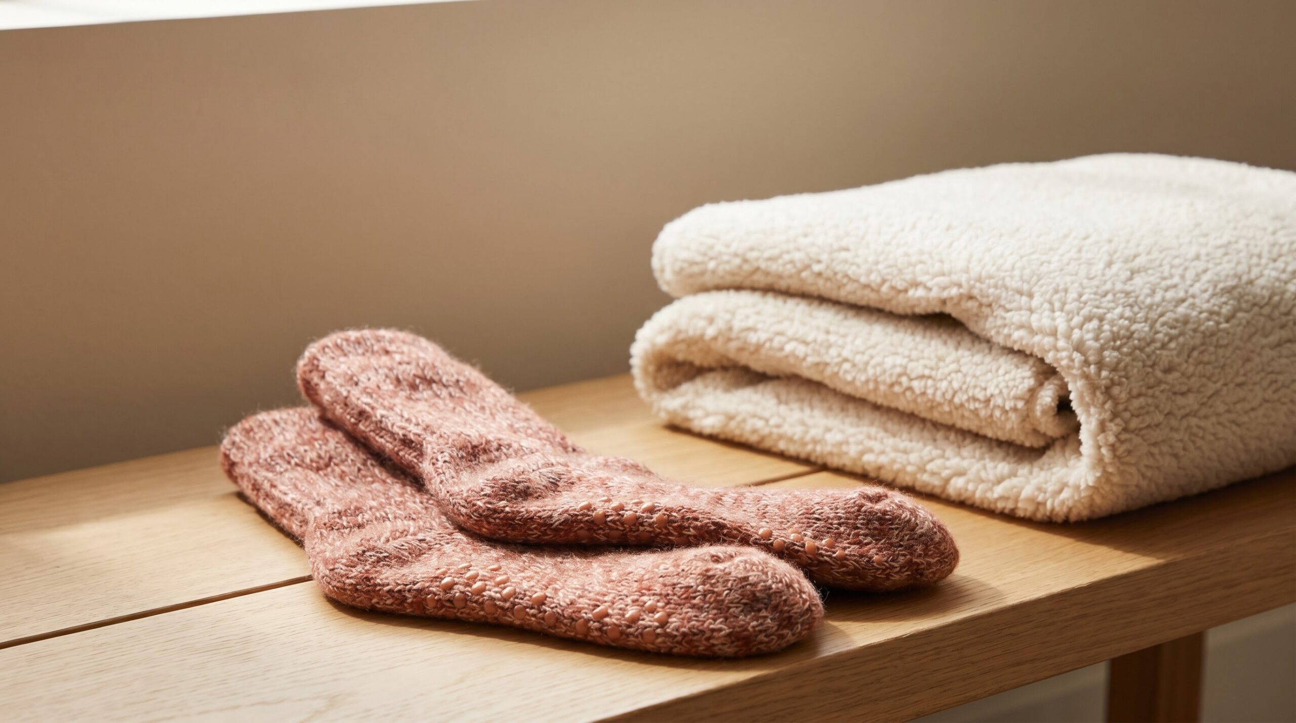 folded fleece blanket beside a pair of grippy warm socks