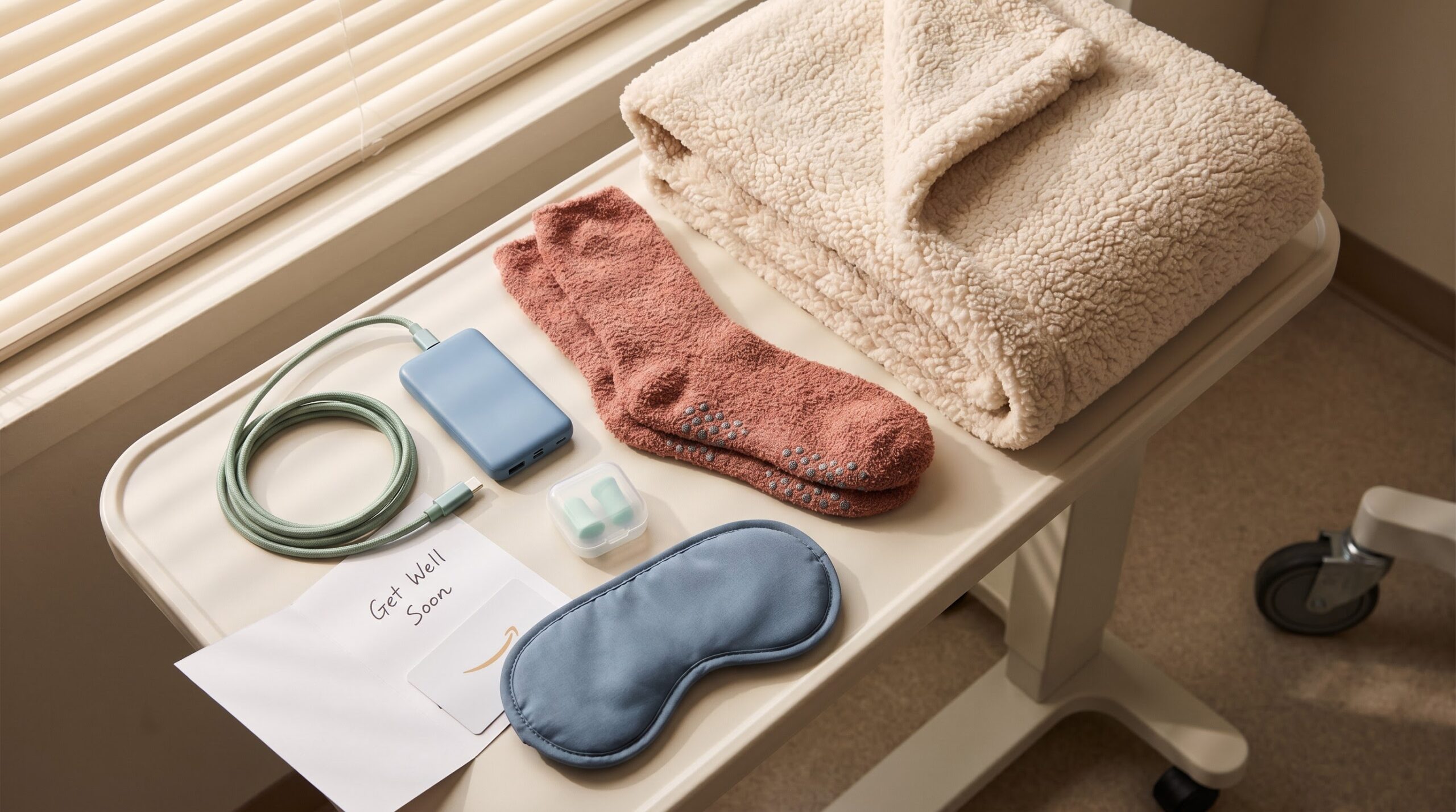 cozy blanket, warm socks, phone charger, and gift card on a hospital tray