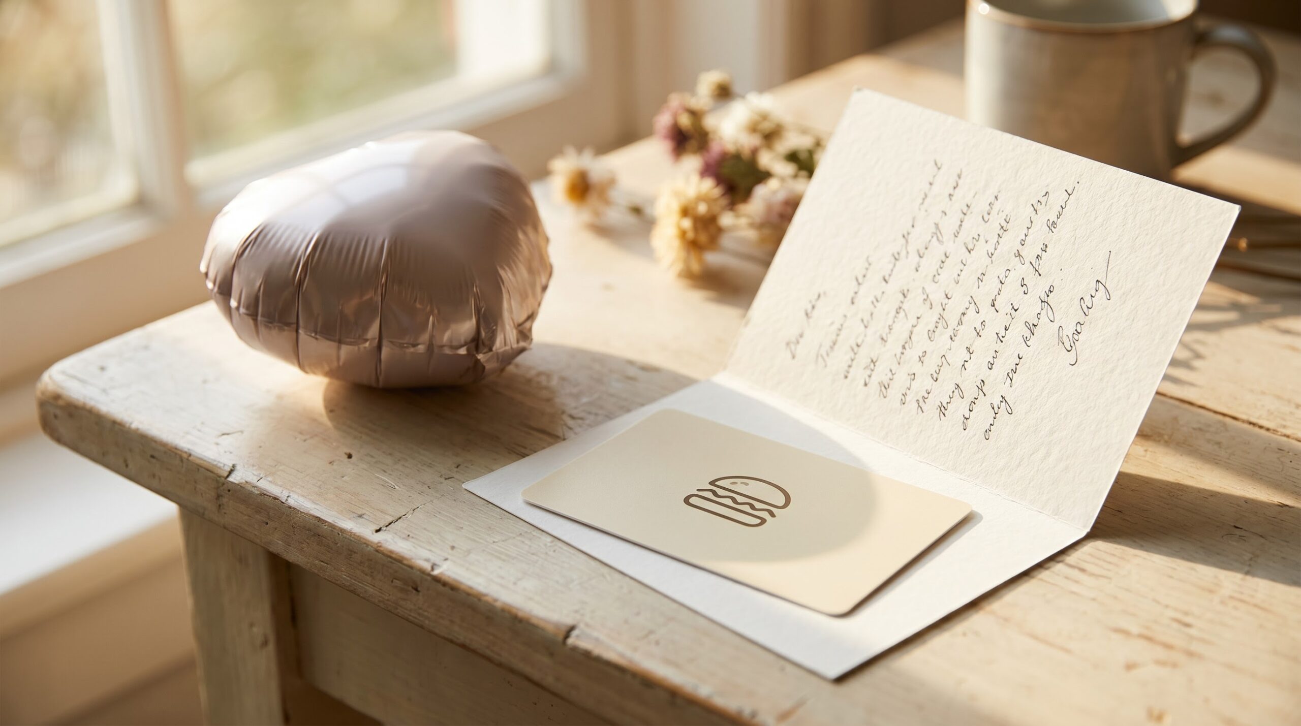gift card tucked in a get-well card beside a foil balloon