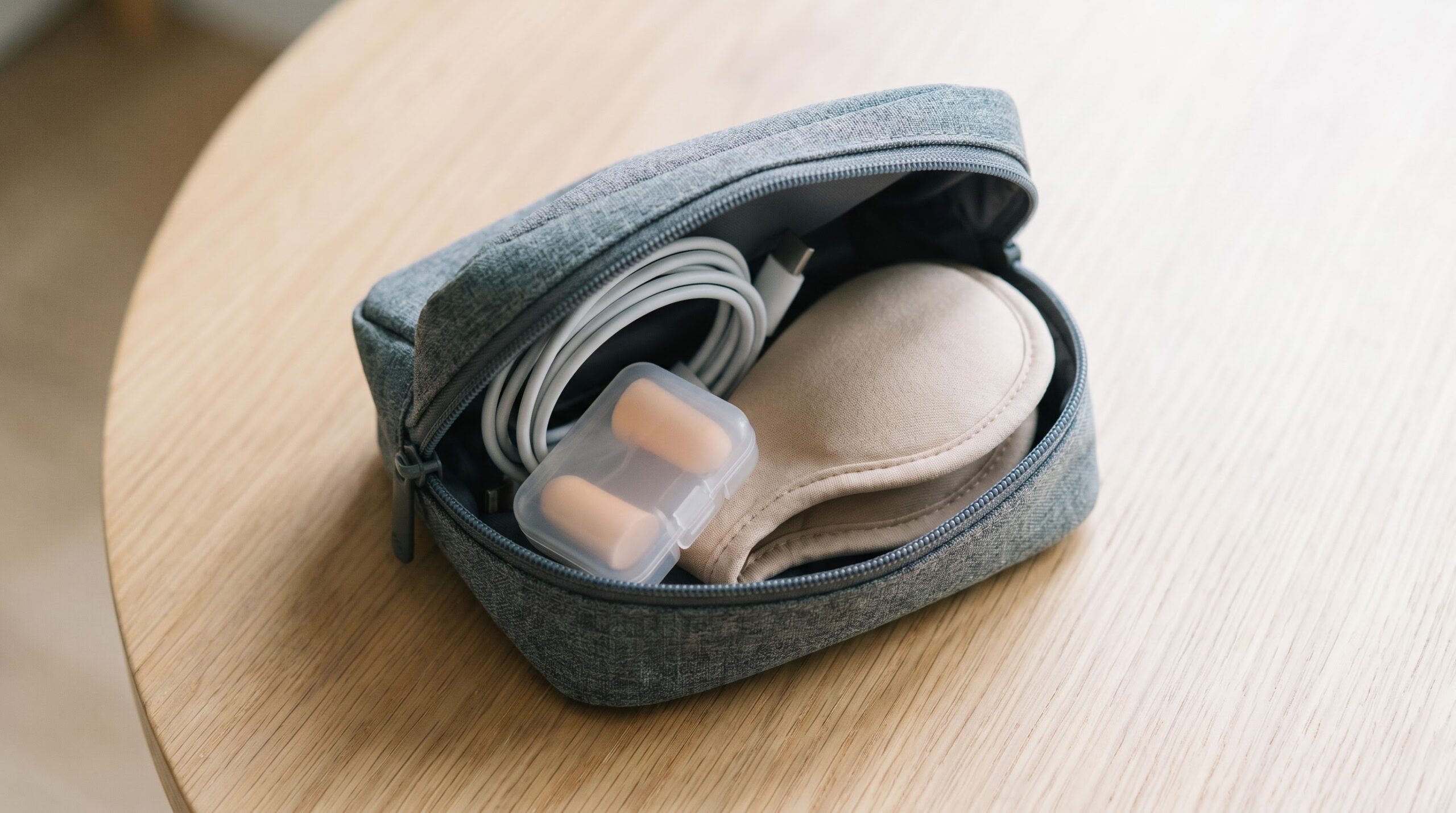 packed travel pouch with phone charger, earplugs, and a sleep mask