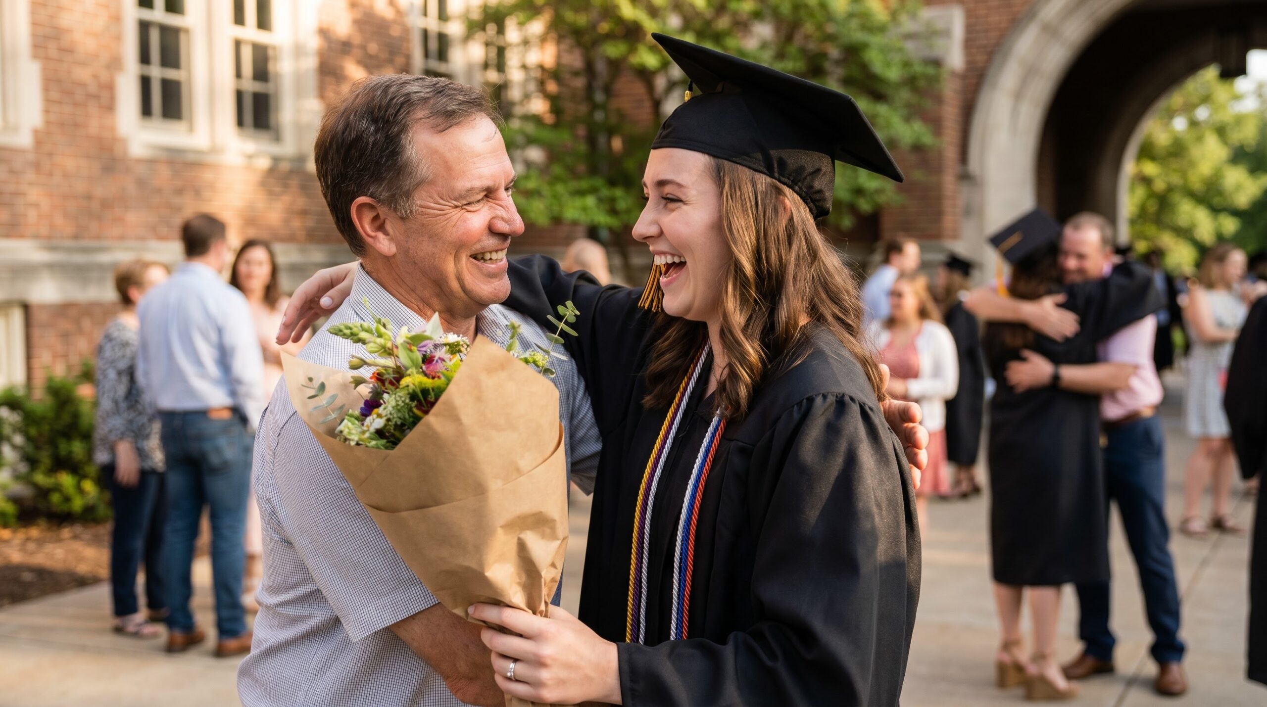Parent presenting a bouquet to a smiling graduate just outside the ceremony venue