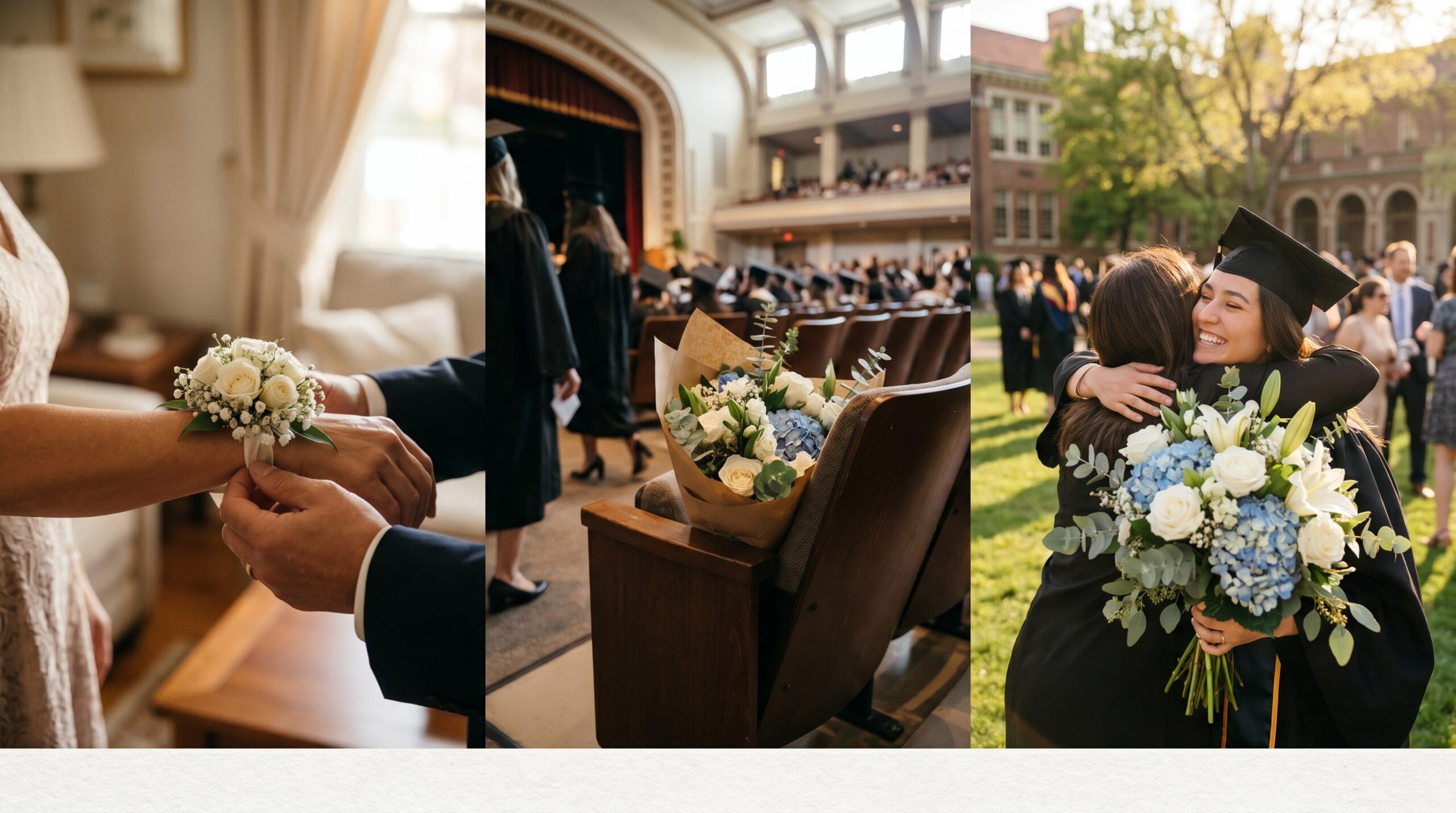 Three-part sequence showing graduation flowers before, during and after the ceremony