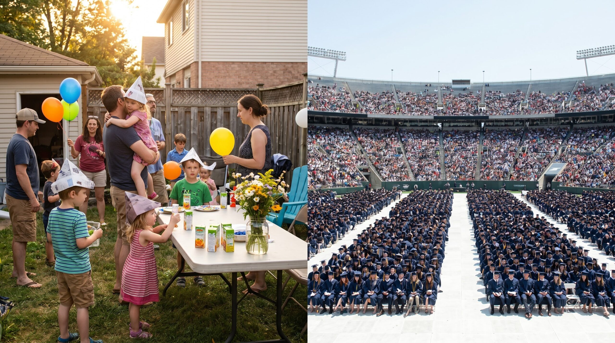 Small elementary graduation party beside a large stadium college commencement