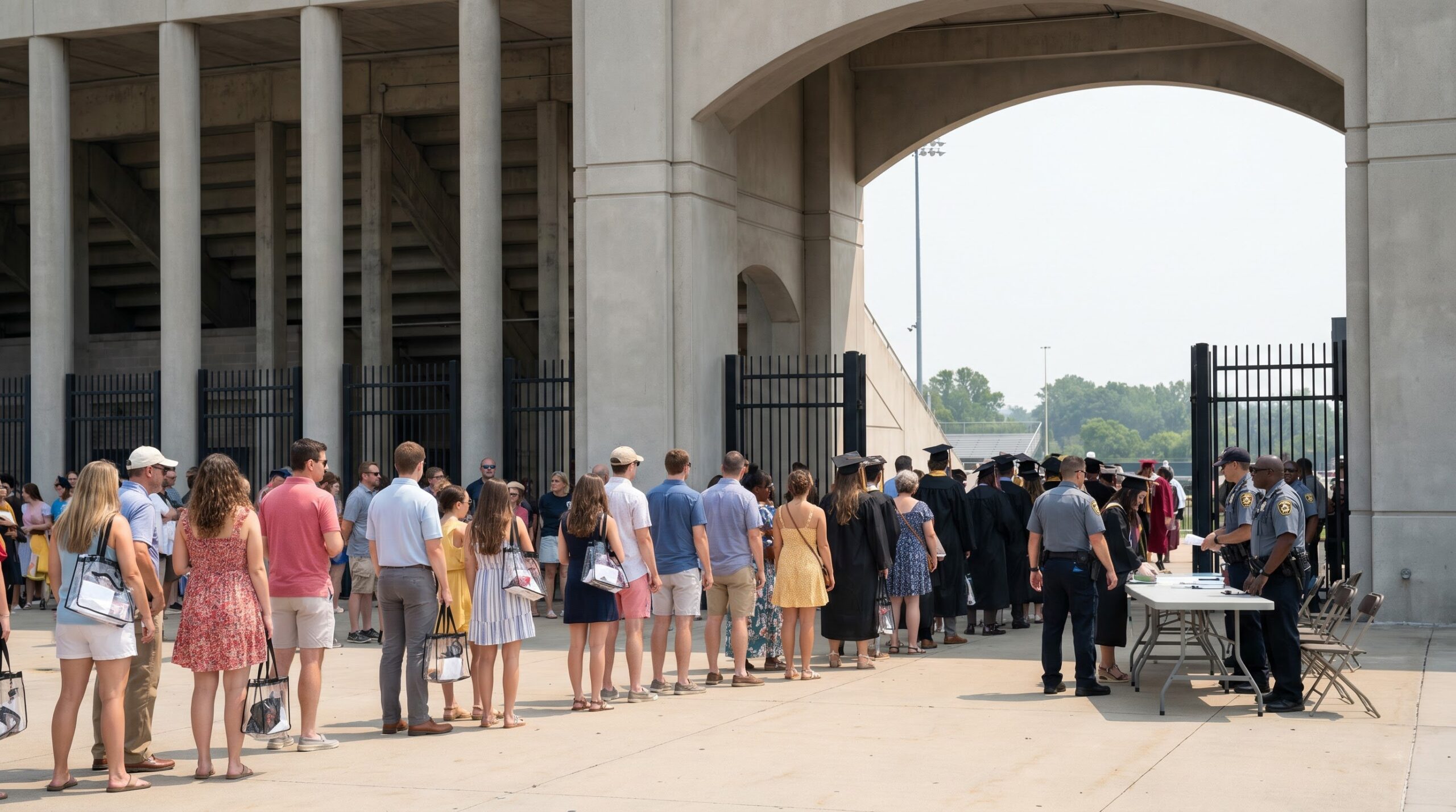 Families lining up for a bag check at a stadium graduation entrance