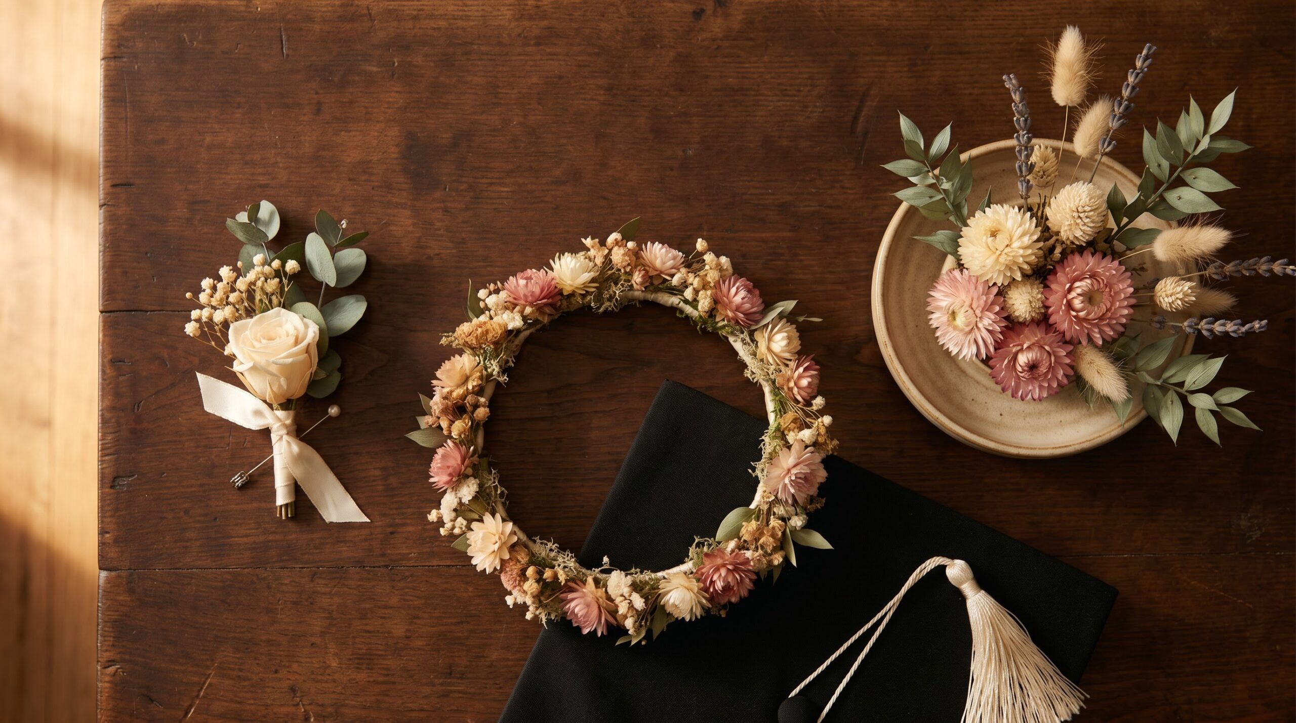 boutonniere, flower crown and dried arrangement as gift alternatives