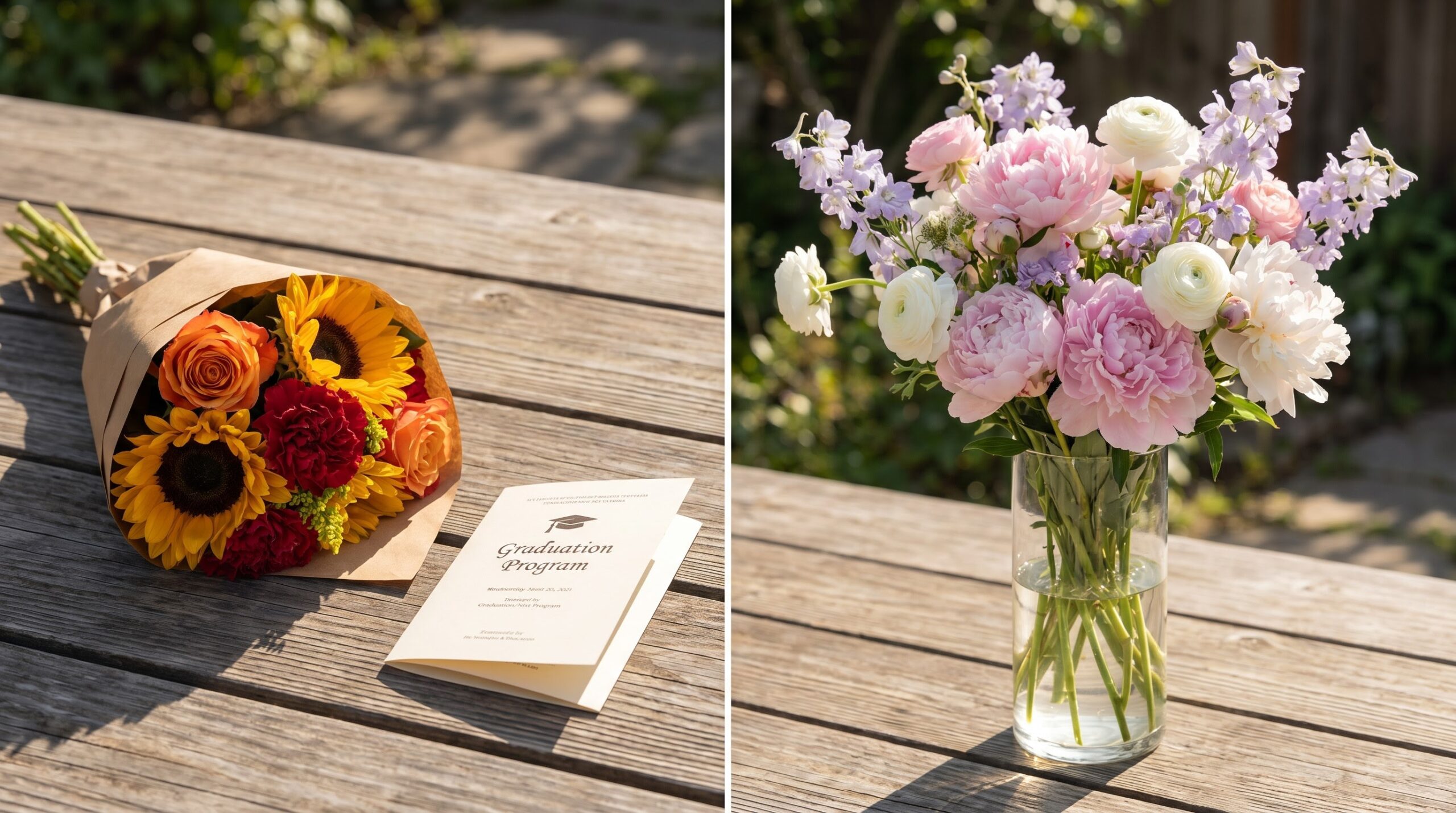 compact hand-tied bouquet next to a tall vase arrangement compared