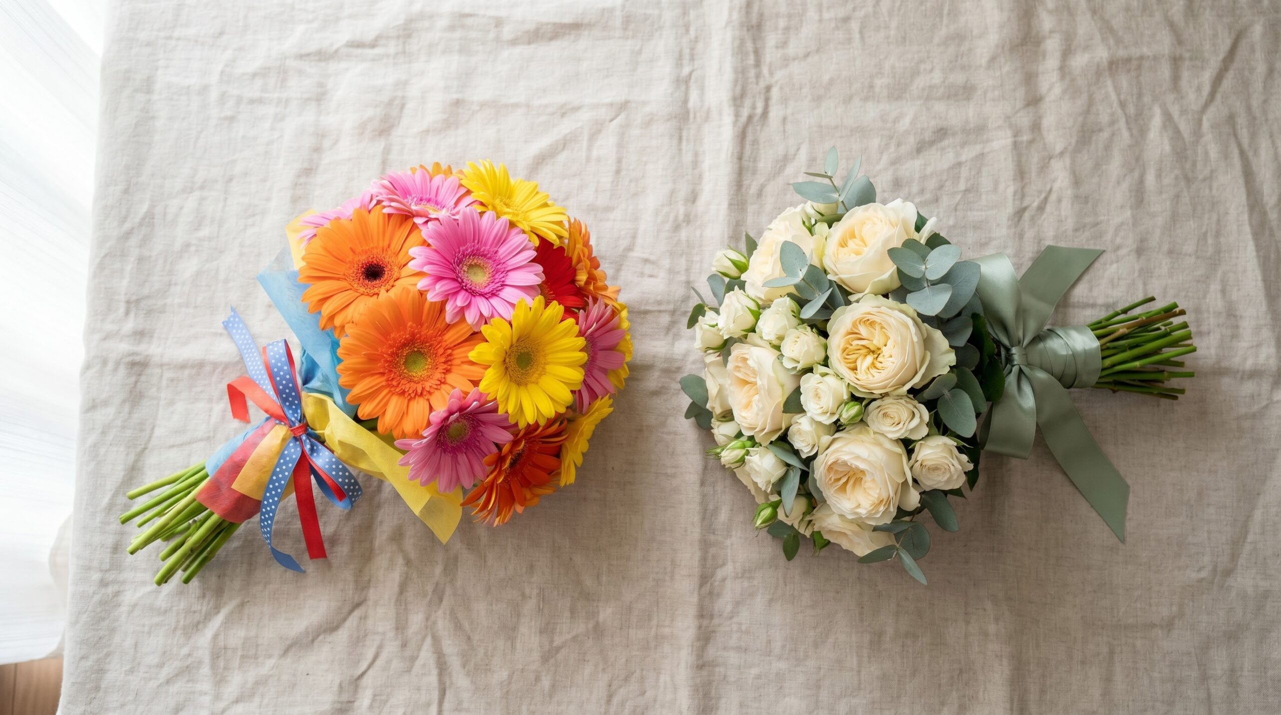 bright gerbera bouquet beside a composed cream rose bouquet