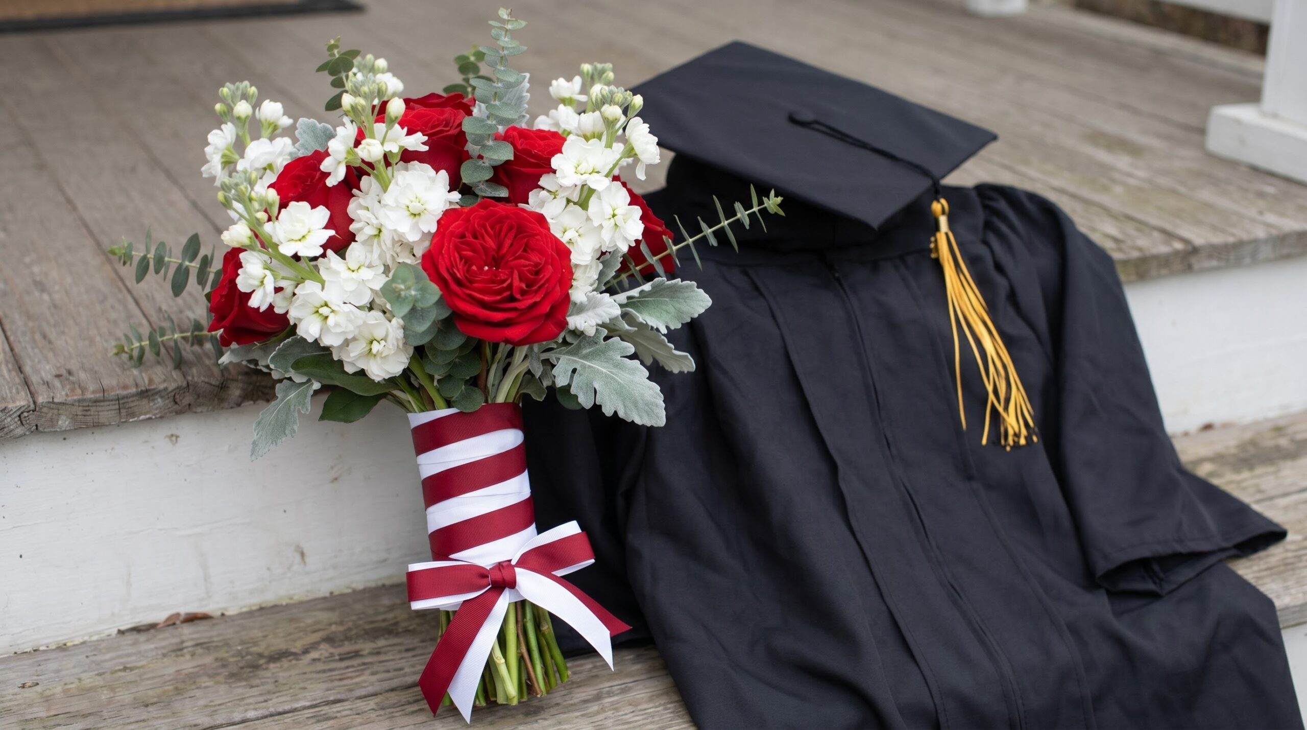 graduation bouquet wrapped in red and white school-color ribbon