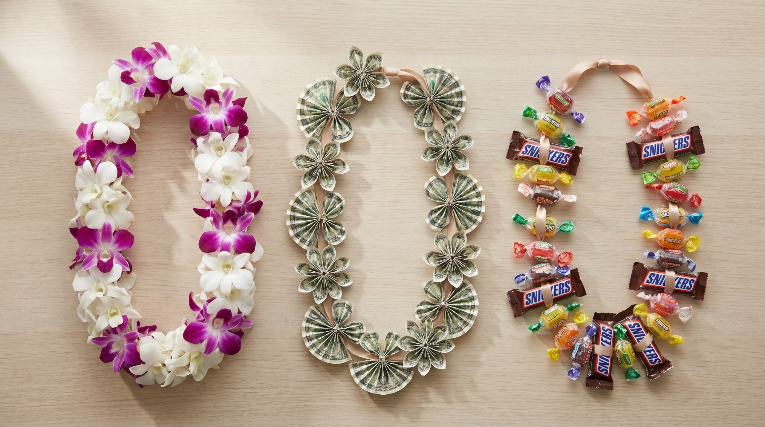 fresh flower lei, folded-money lei, and candy lei shown side by side