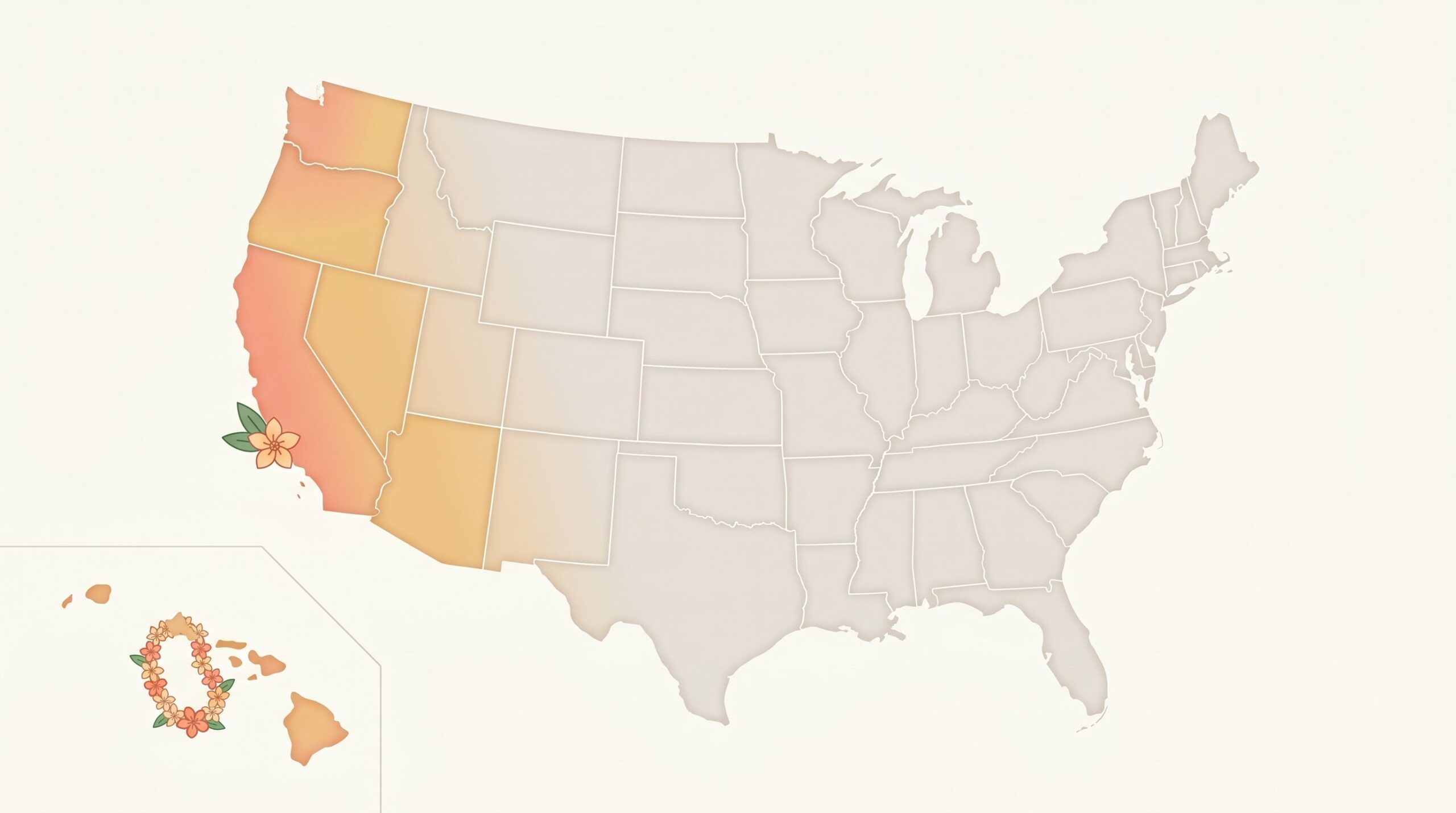 US map shading Hawaii and the West Coast as strongest graduation lei regions
