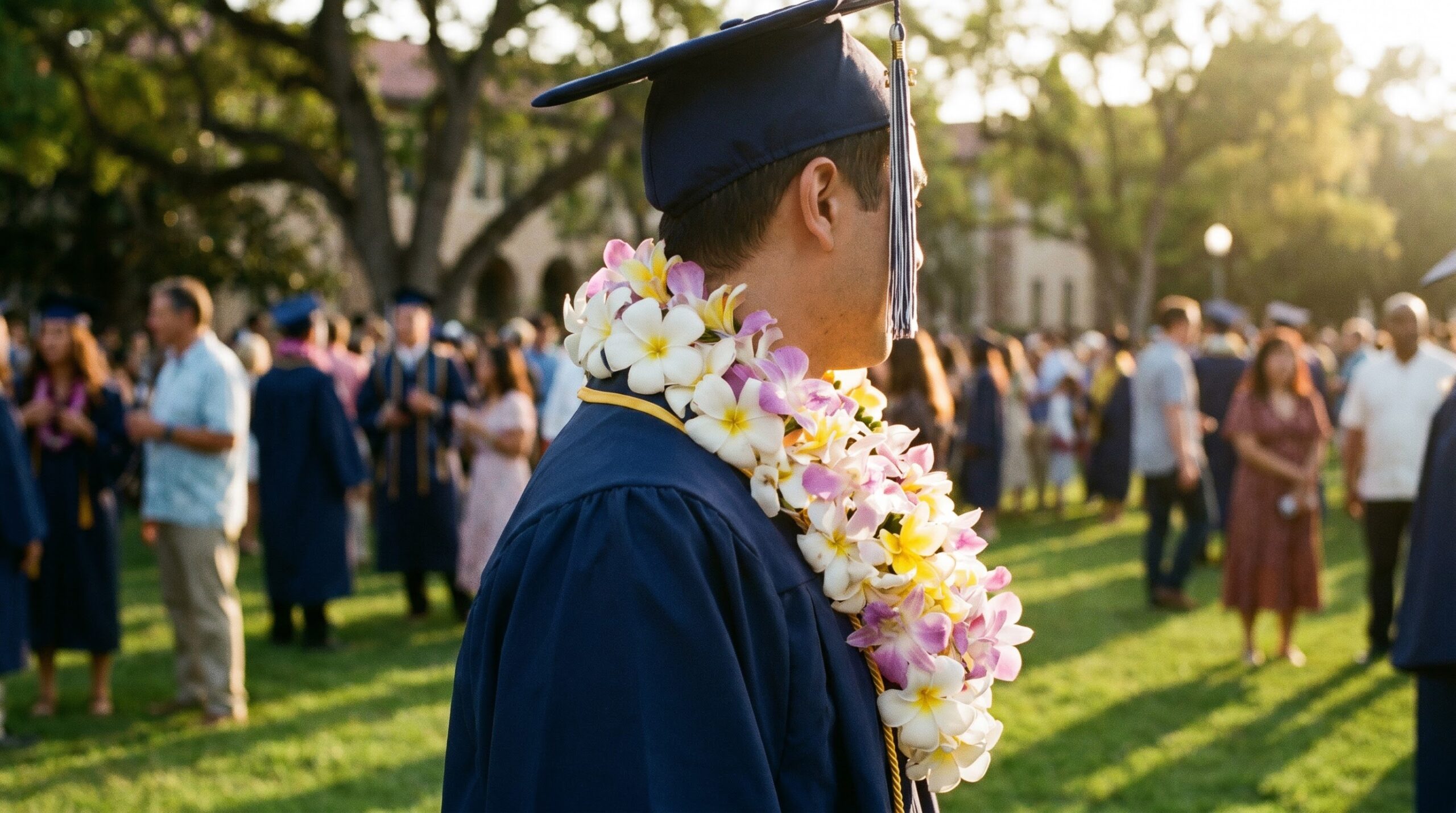 graduate in cap and gown wearing a fresh orchid flower lei outdoors