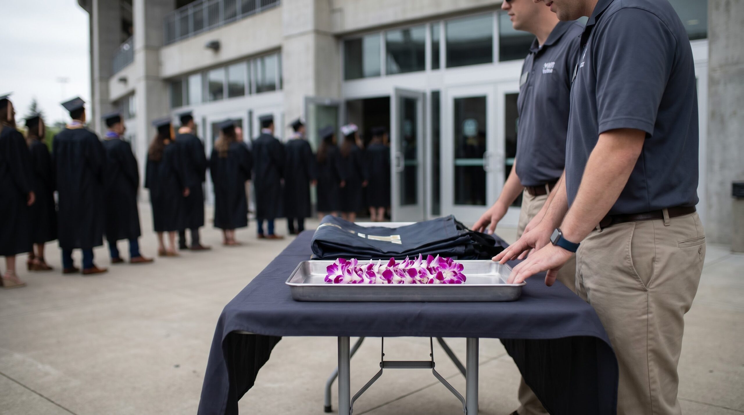 security tray at a graduation entrance with a flower lei set aside