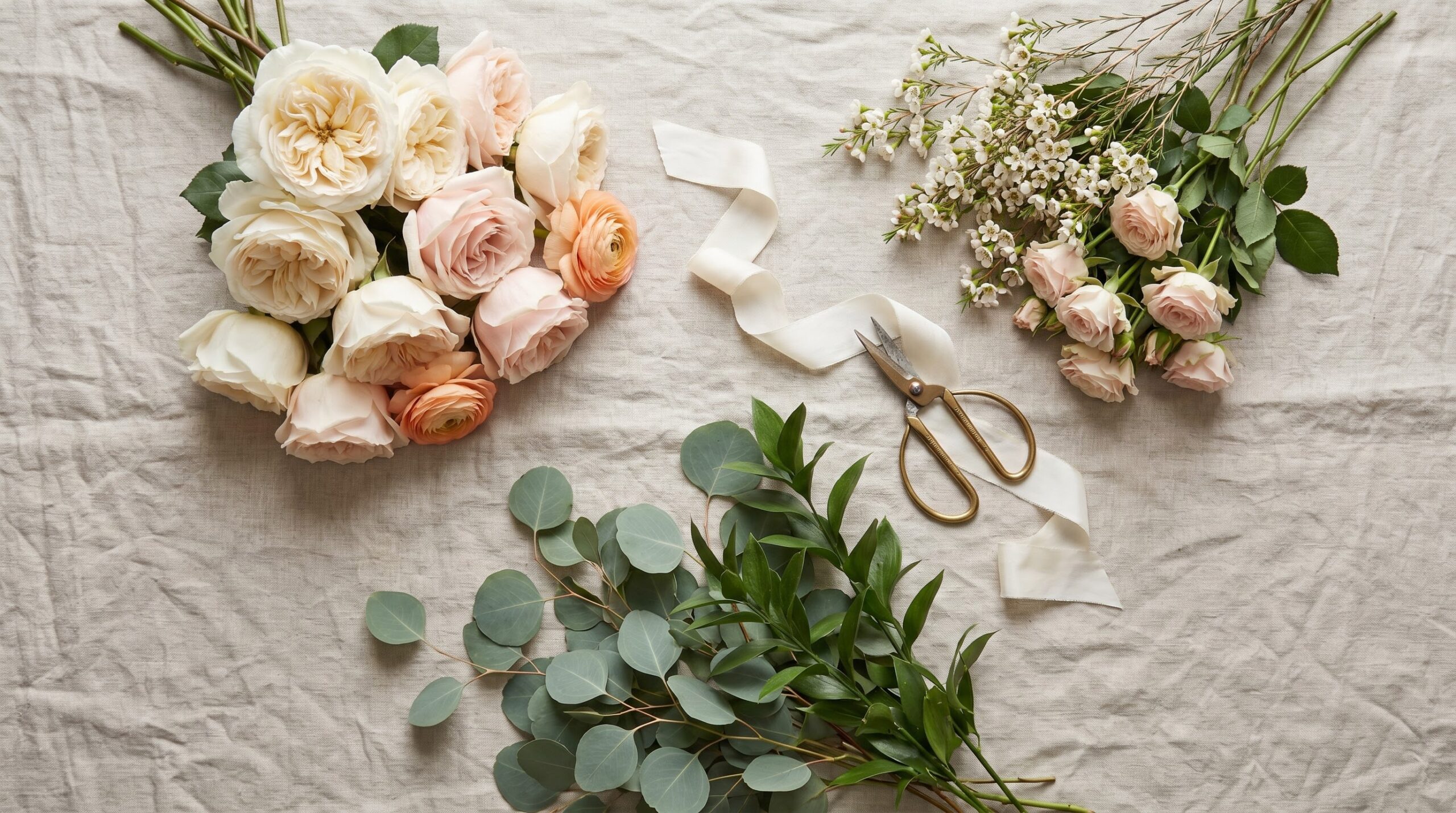 ** Bridal bouquet separated into focal flowers, filler and a greenery pile roughly one third