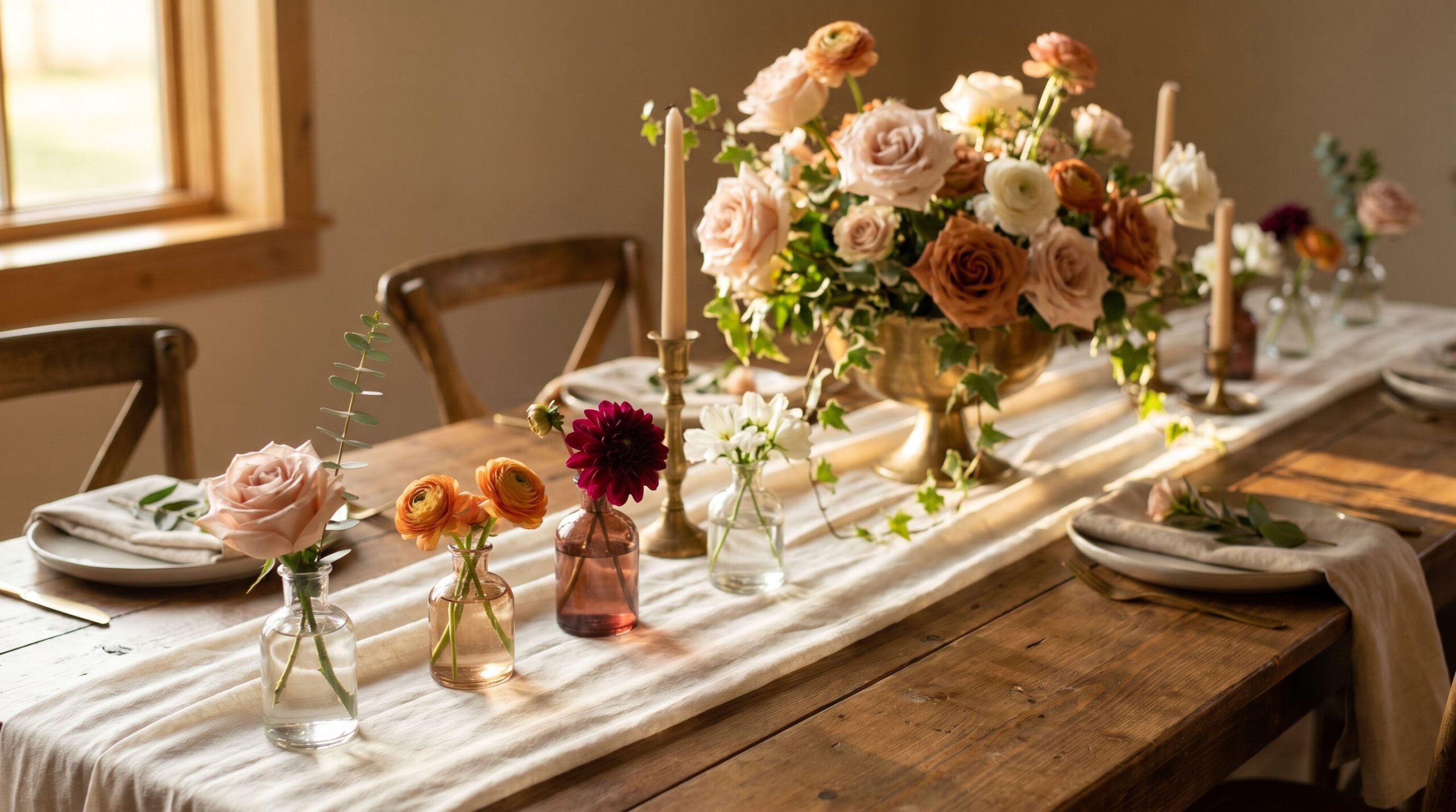 ** Bud vases holding one to three stems each near a full compote centerpiece