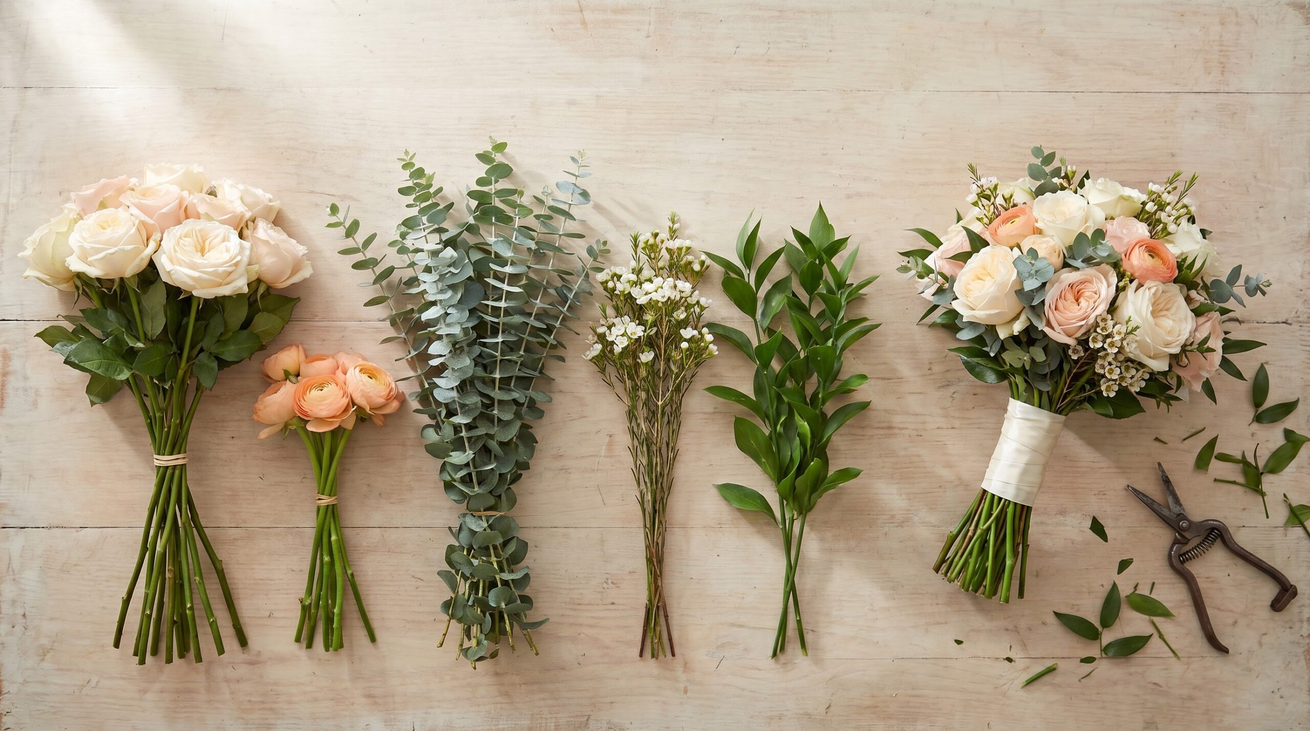 ** Wholesale stems sorted into counted bundles beside the finished bridal bouquet they became