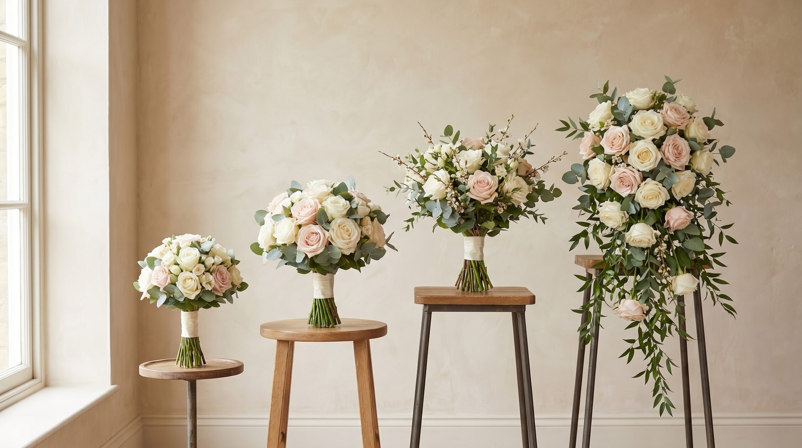 ** Petite posy, classic round, garden style and cascade bouquets lined up by size