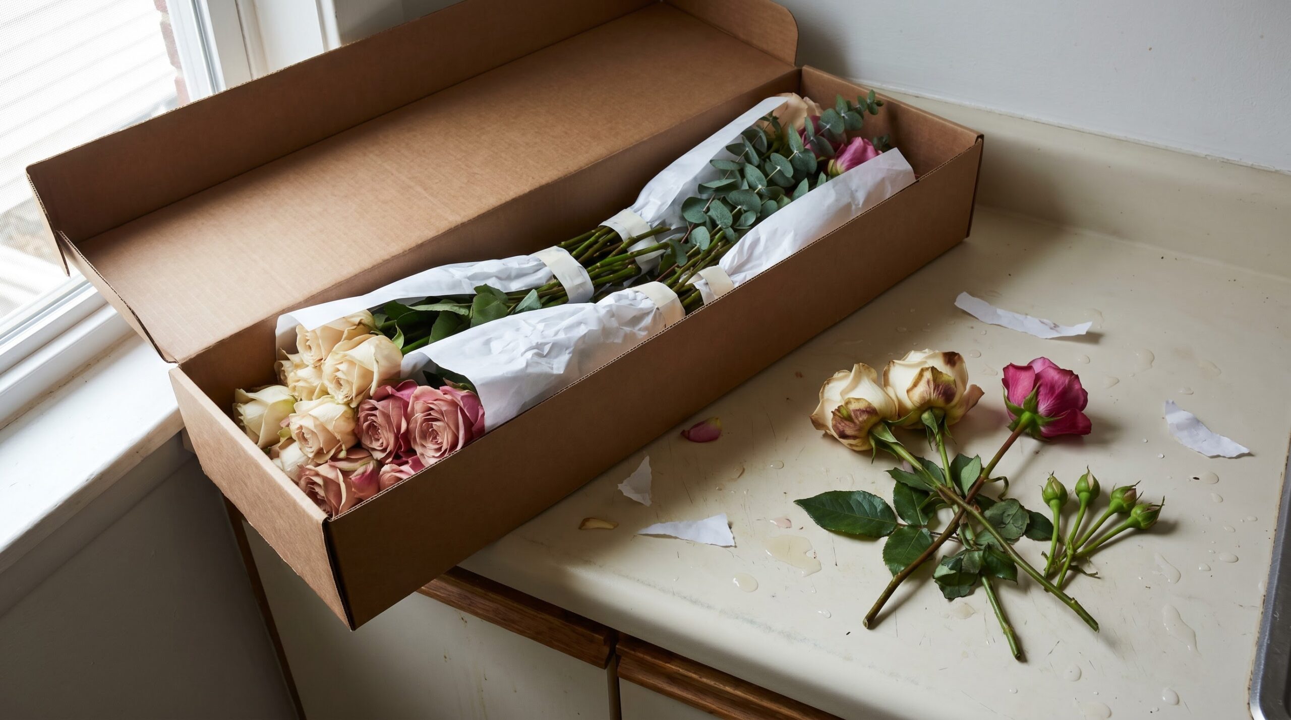 ** Opened wholesale flower box with bruised and unopened reject stems set aside