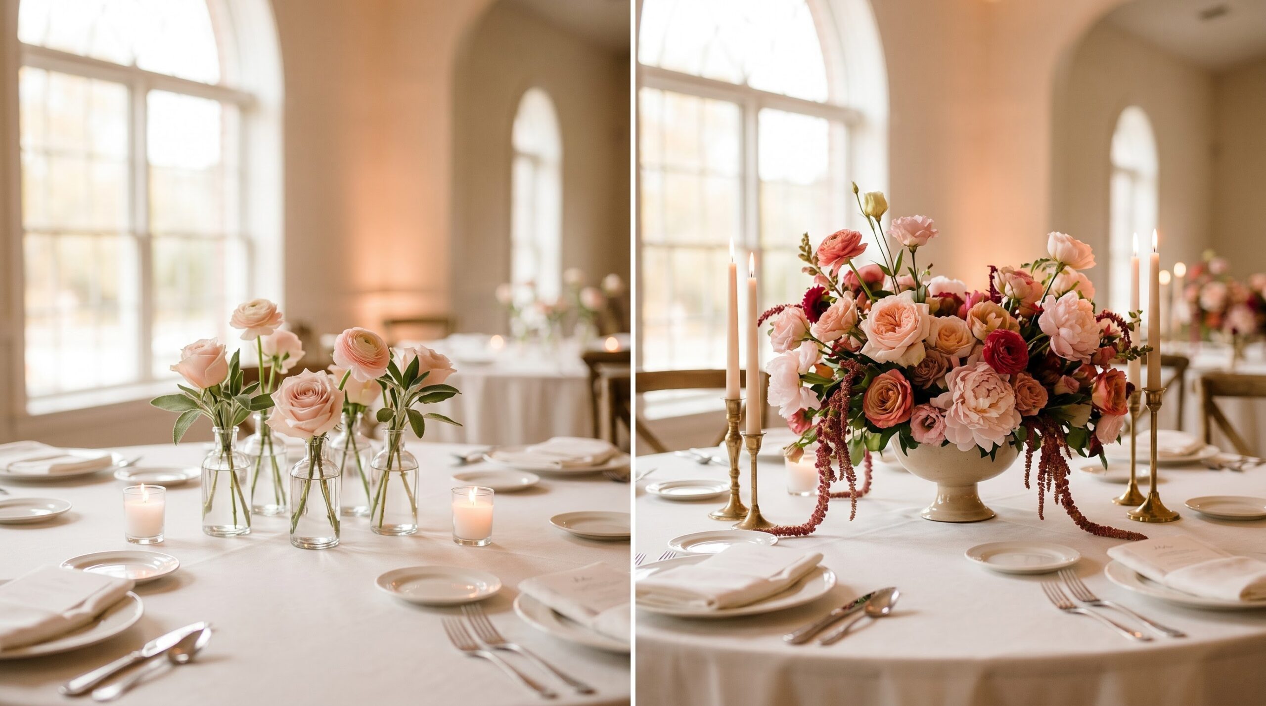 Two reception tables comparing simple bud vases with a lush compote centerpiece