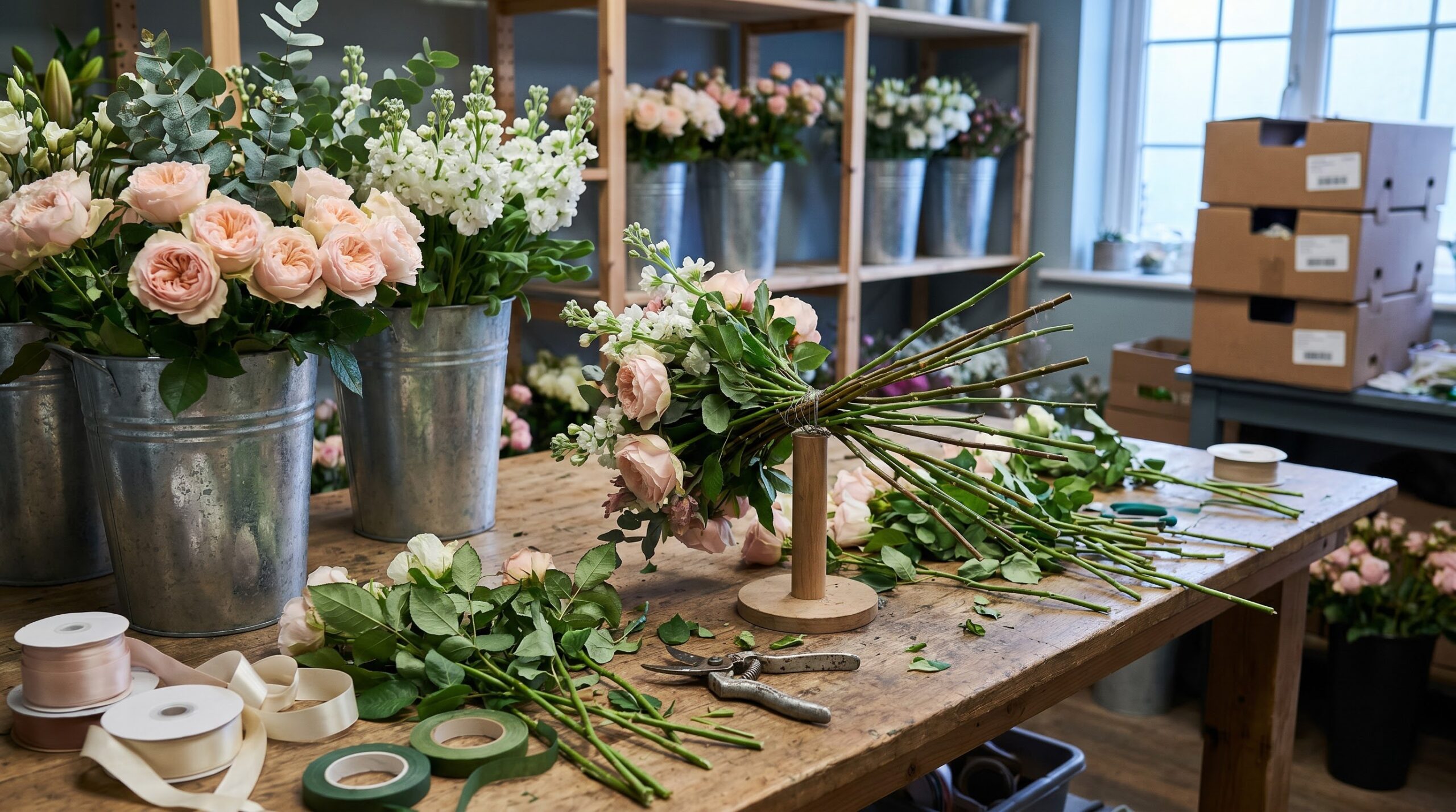 Florist worktable mid-build with buckets, stripped stems and a half-finished bouquet