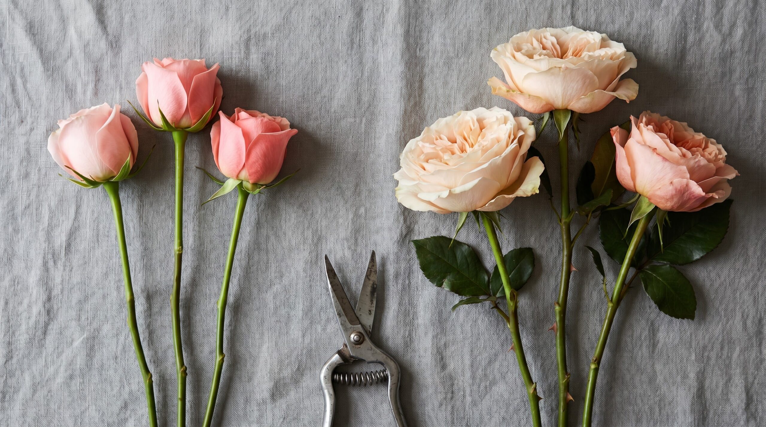 Garden roses beside standard roses showing the stem and bloom difference