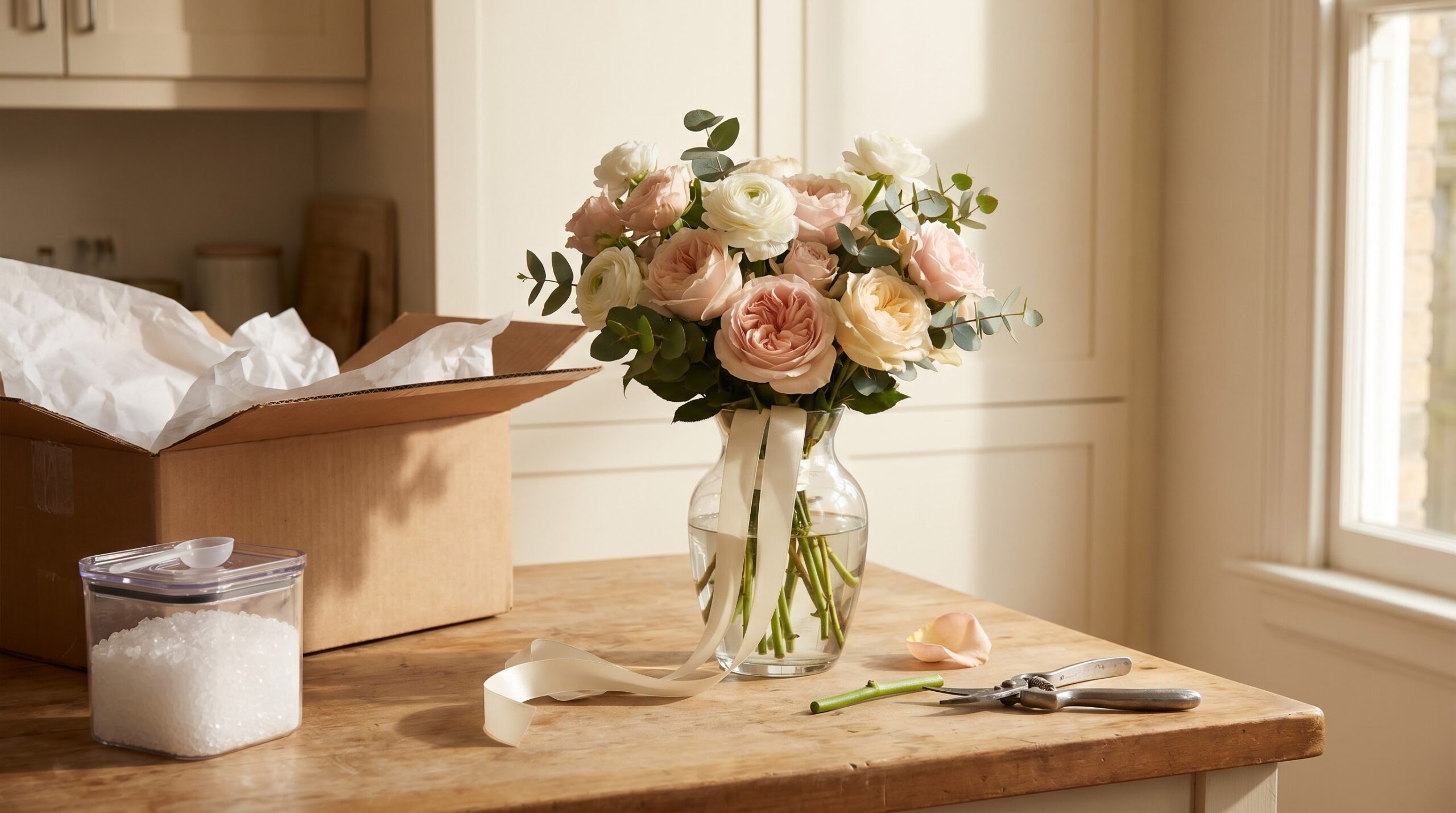 ** Wedding bouquet in fresh water beside shipping box and silica gel container