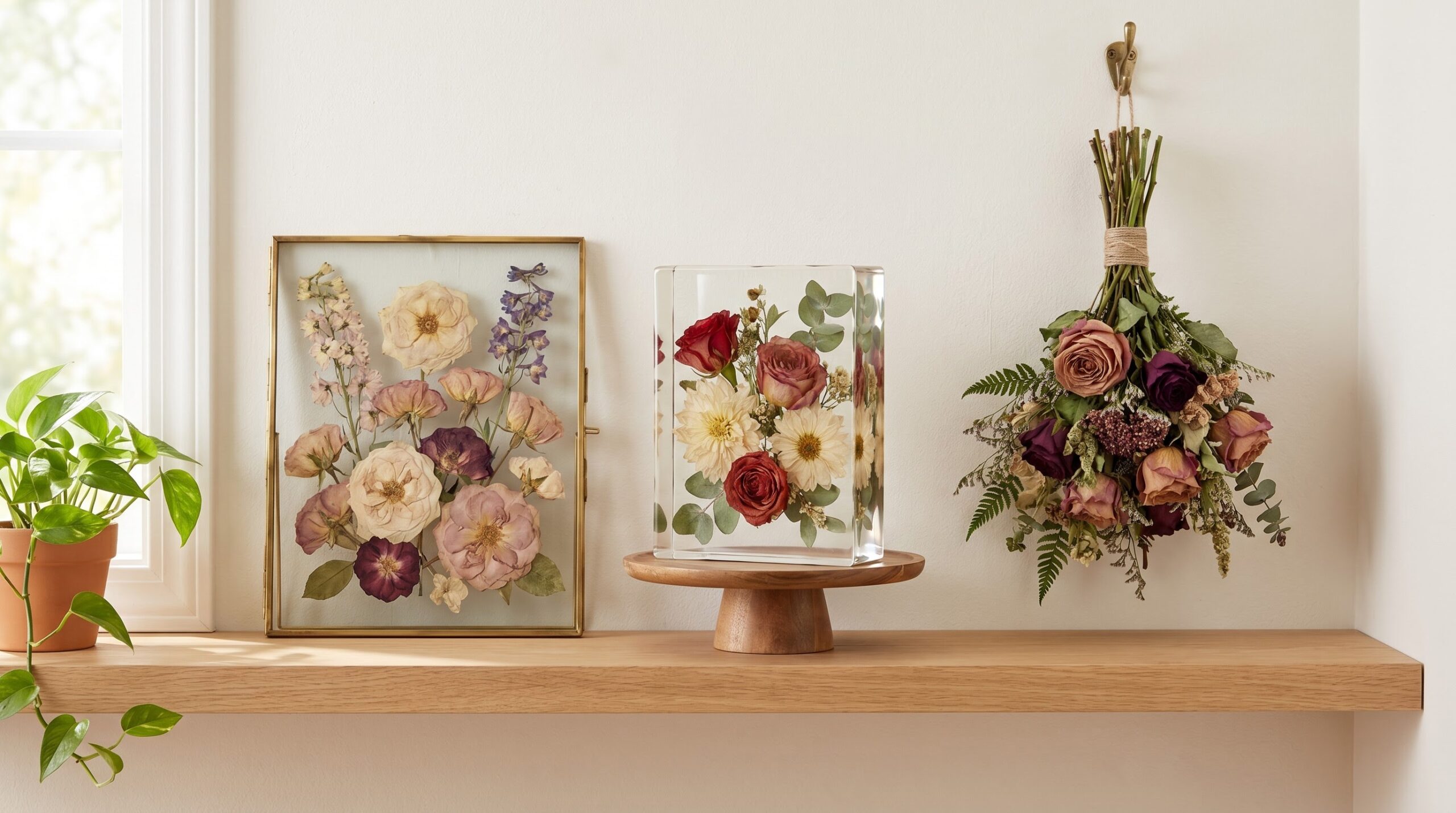 ** Pressed frame, resin block and air-dried bouquet displayed side by side
