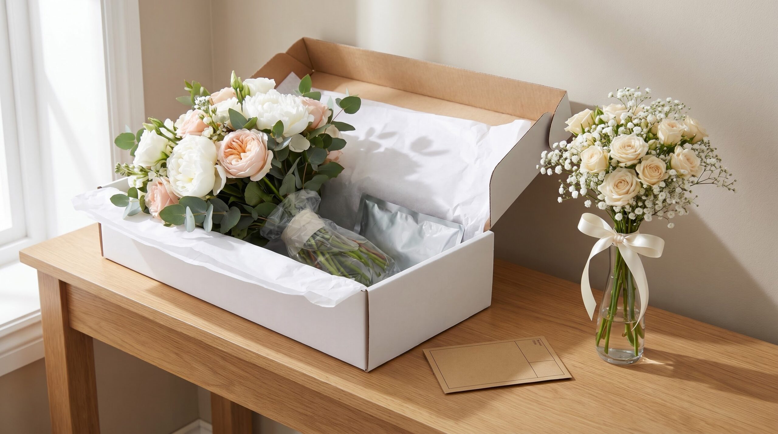 ** Bridal bouquet packed for shipping next to smaller toss bouquet duplicate