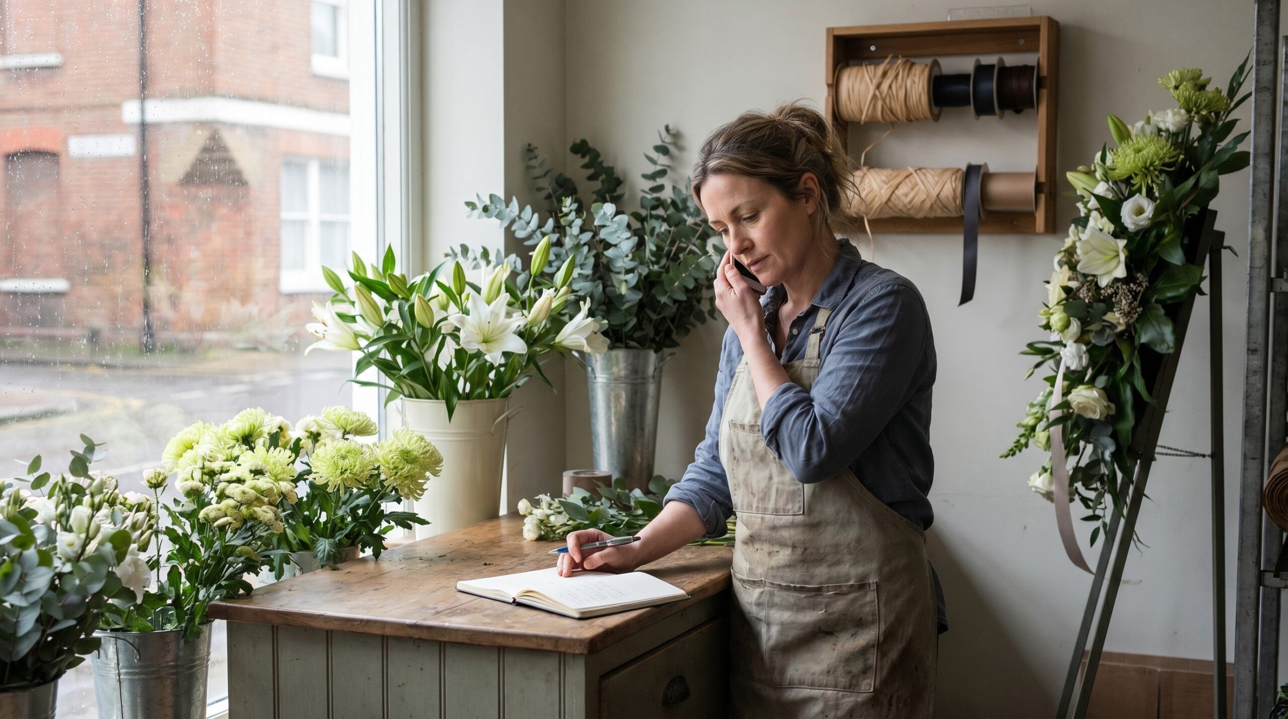 florist taking a phone order for funeral flower delivery